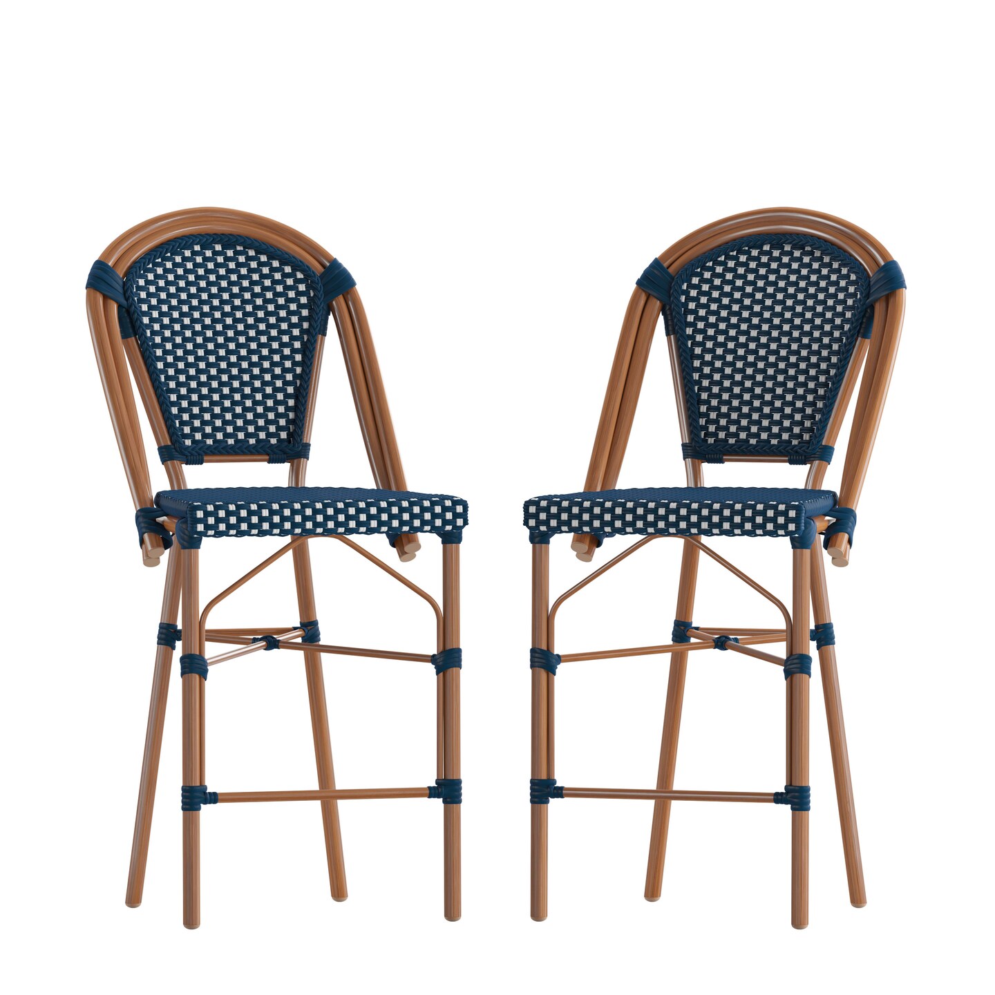 Merrick Lane Sacha Set of Two Stacking French Bistro Counter Stools with PE Seats and Backs and Metal Frames for Indoor/Outdoor Use