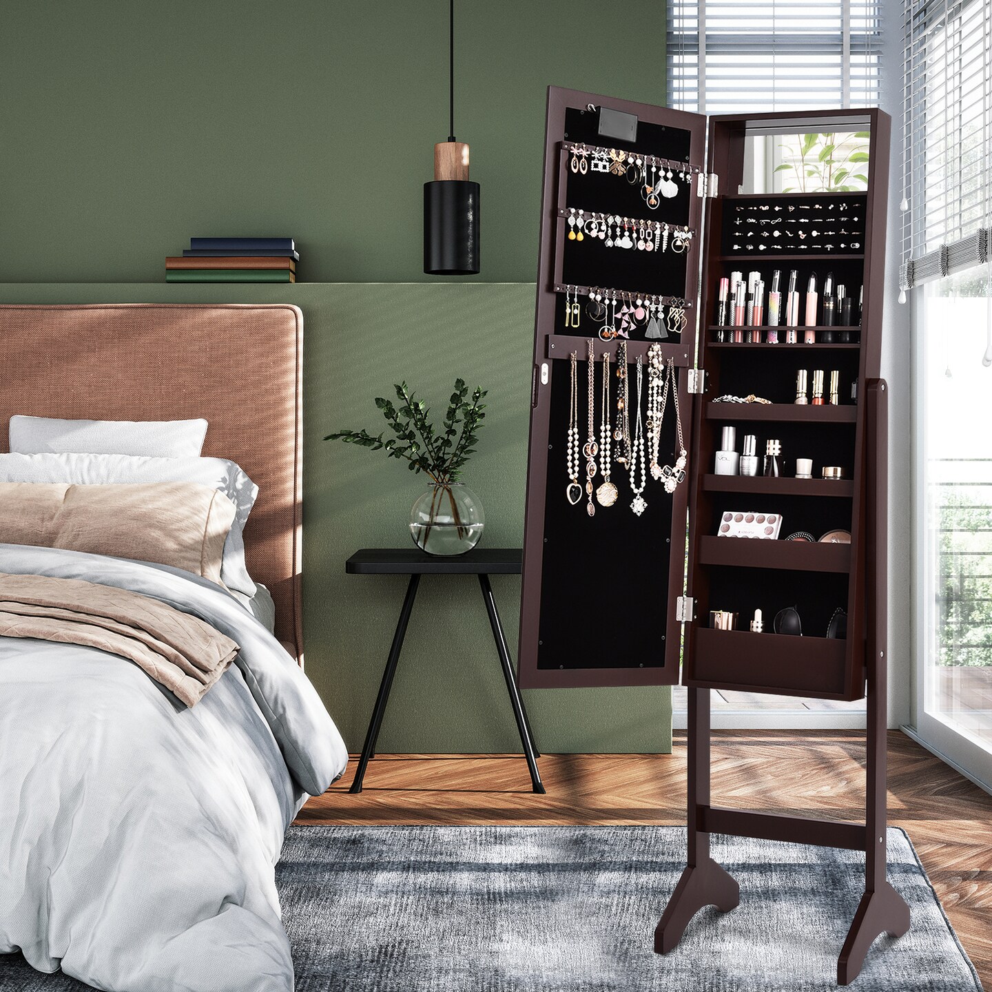 Freestanding Jewelry Organizer Cabinet Armoire with LED Lights and Full Length Mirror