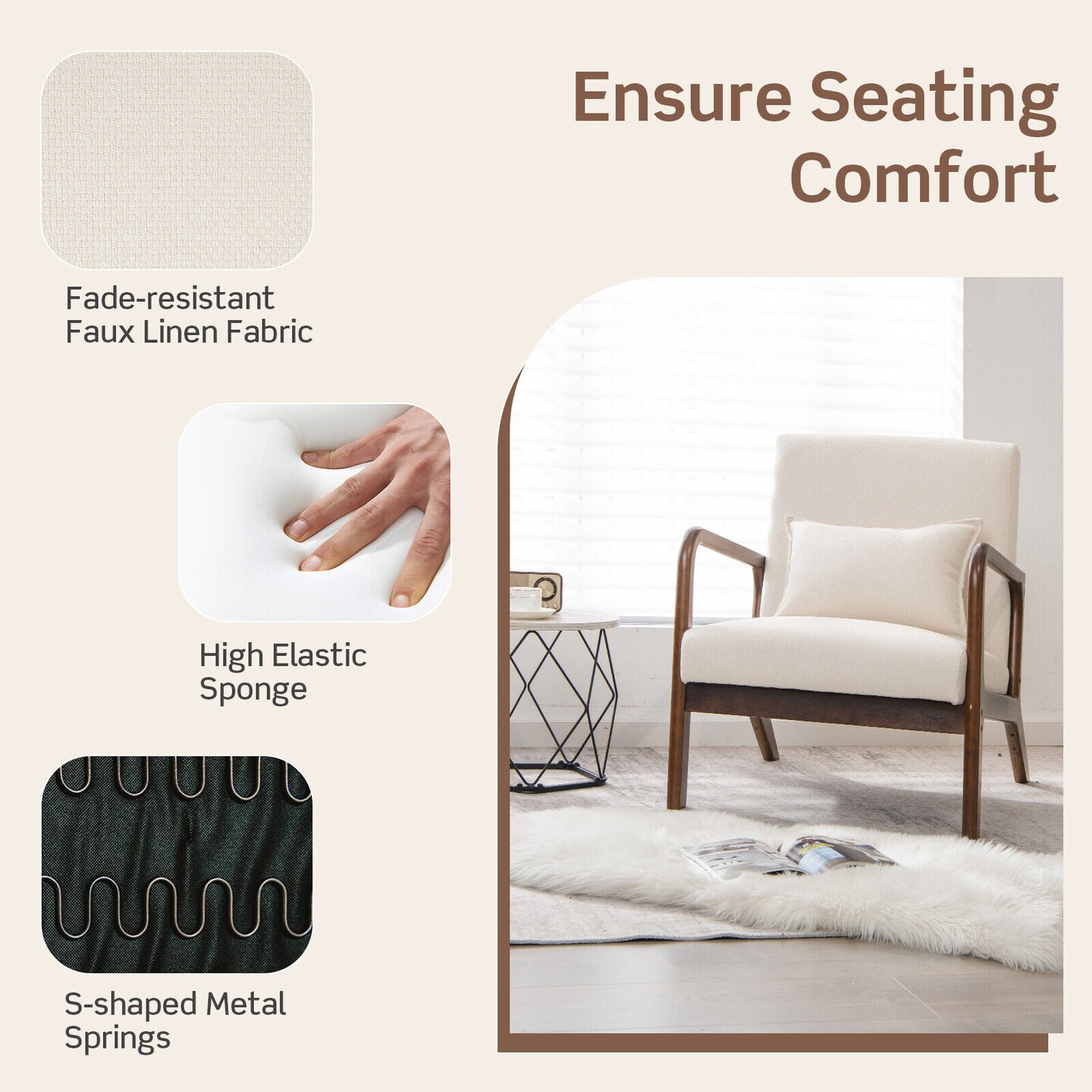Modern Accent Chair with Rubber Wood Frame and Lumbar Pillow