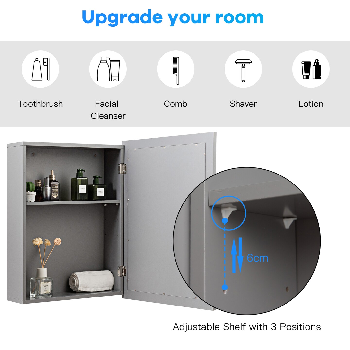 MDF and Glass Wall Mounted Bathroom Cabinet with Mirror and Adjustable Shelves