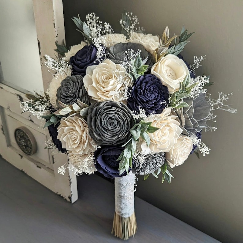 Navy, Charcoal, and Ivory Sola Wood Flower Bouquet with Baby's Breath