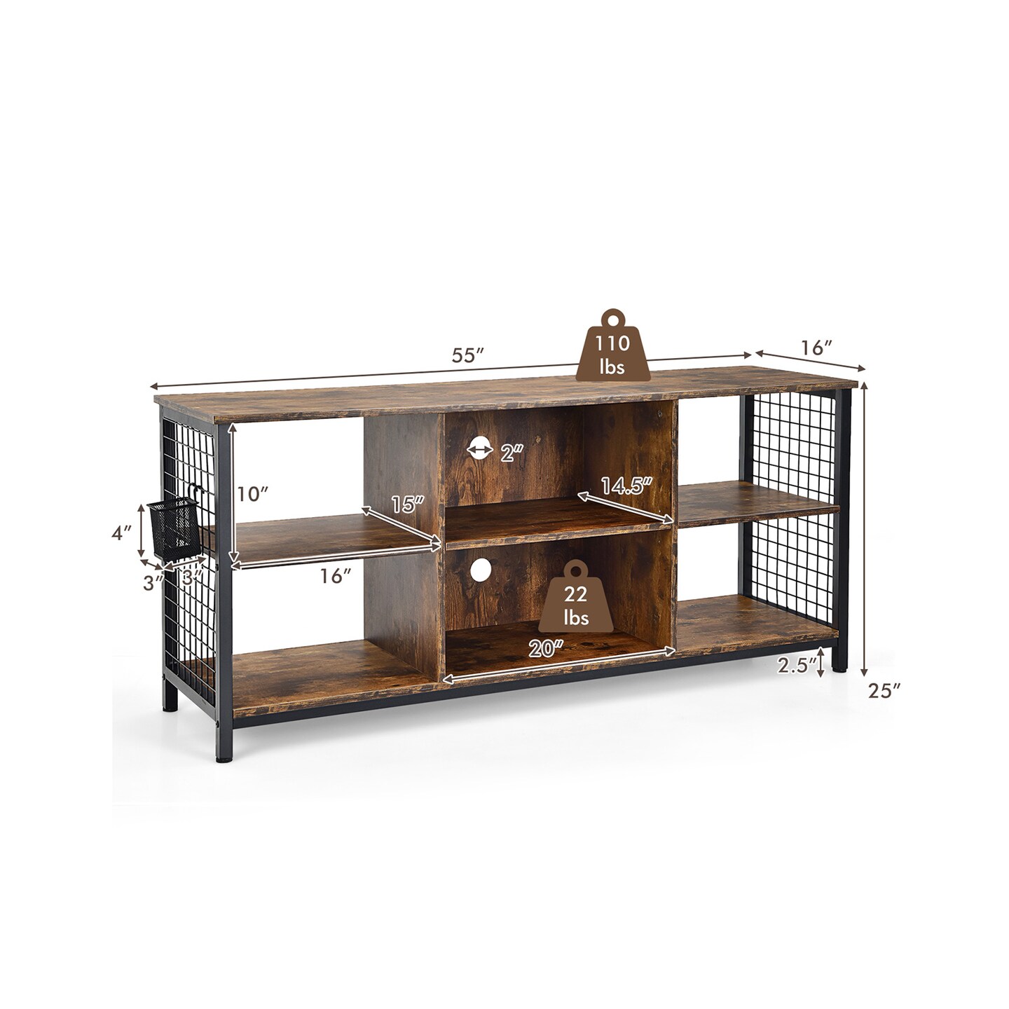 Industrial TV Stand with Storage Basket for TVs up to 65 Inches-Rustic Brown