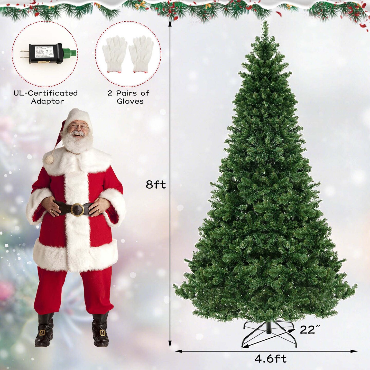 Costway 8 FT Artificial Xmas Tree with 1498 PVC Branch Tips 880 Warm White LED Lights