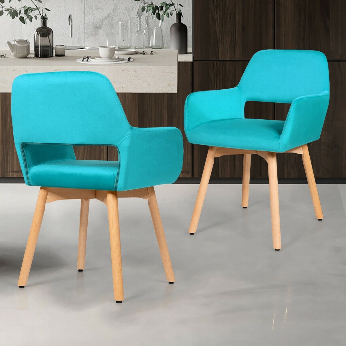 Set of 2 Modern Accent Armchairs with Ergonomic Backrests and Solid Wood Legs