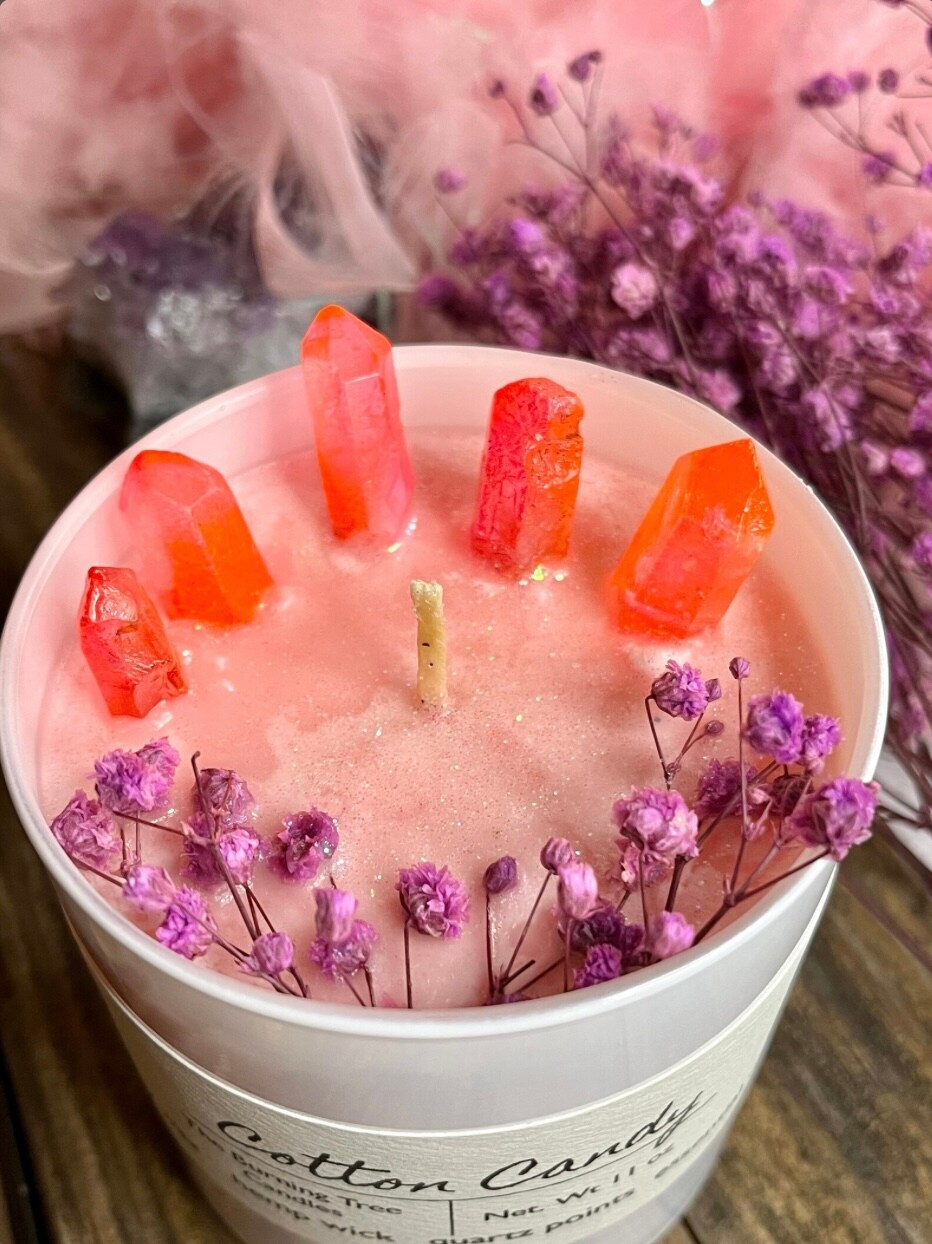 Cotton Candy Crystal Candle, Botanical Candle, Handmade in small batches,  Soy Candle
