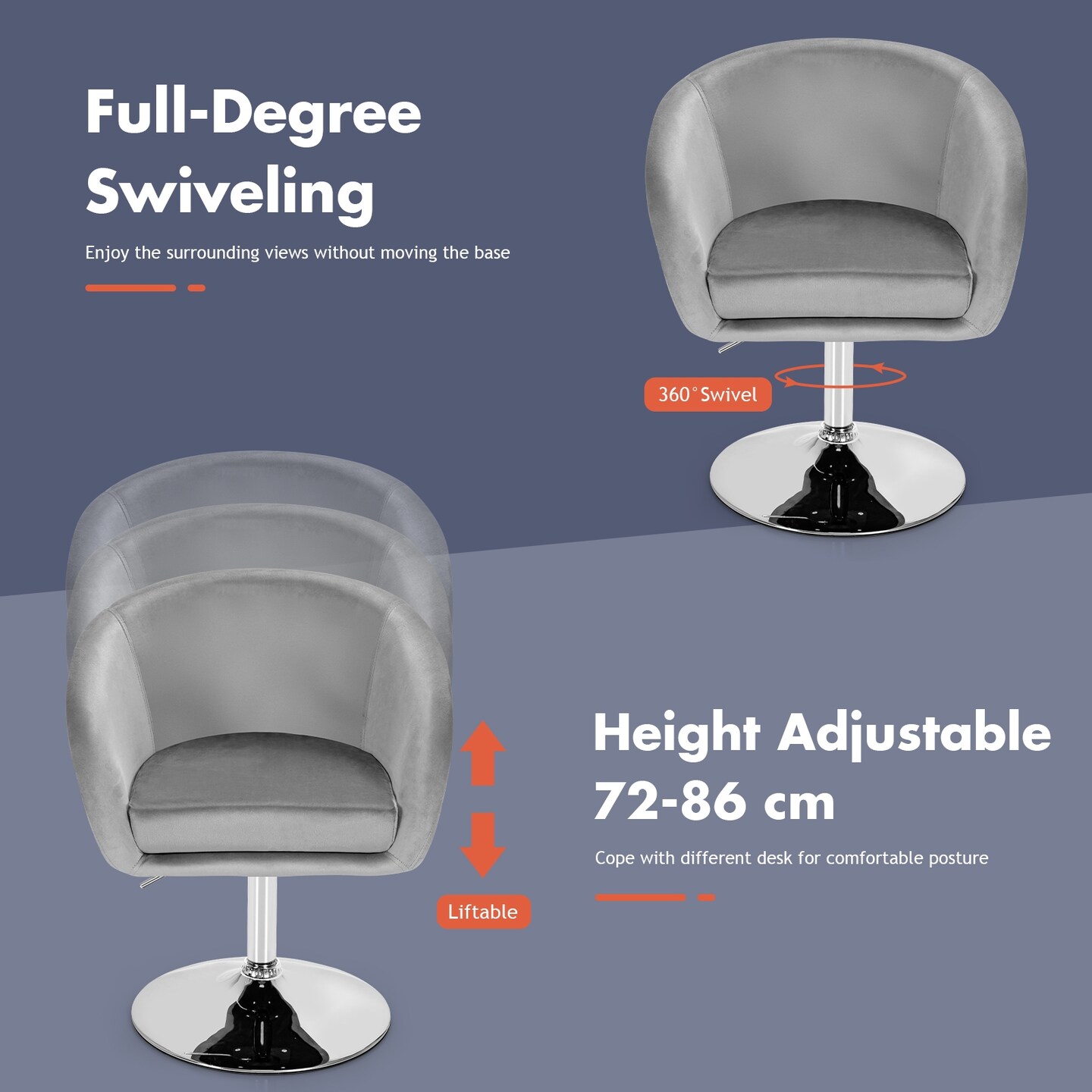 Height Adjustable and Swivel Makeup Accent Chair with Round Back and Metal Base