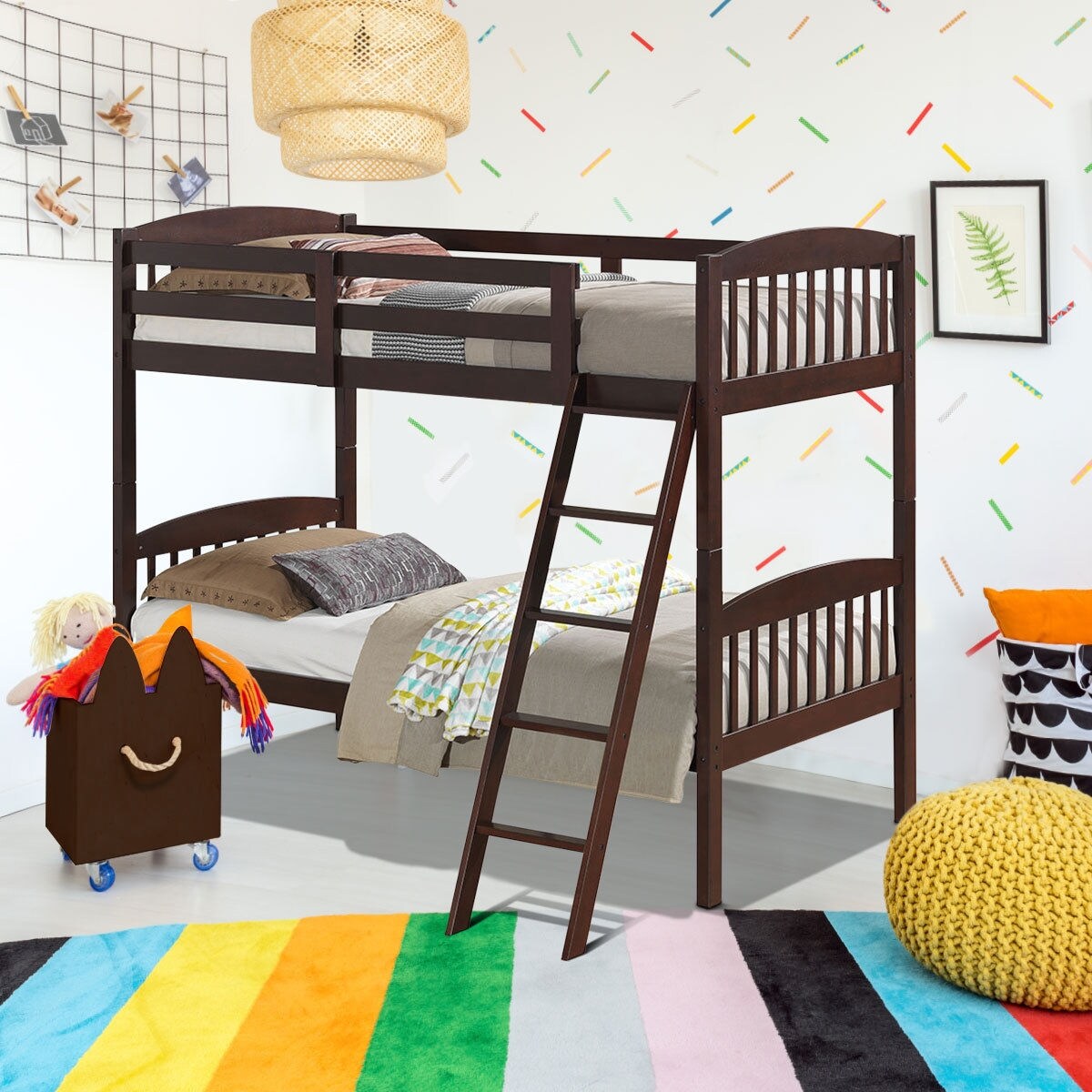 Wood Bunk Bed Twin with Inclined Ladder, Convertible, Safe and Space-Saving