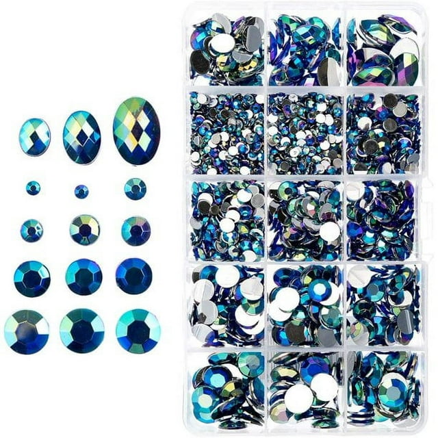 John Bead Blue AB Assorted Round & Oval Acrylic Flat Back Rhinestones Box