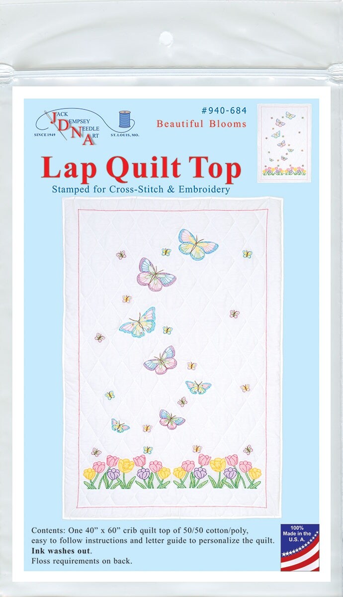 Jack Dempsey Stamped White Lap Quilt Top 40&#x22;X60&#x22;-Beautiful Blooms