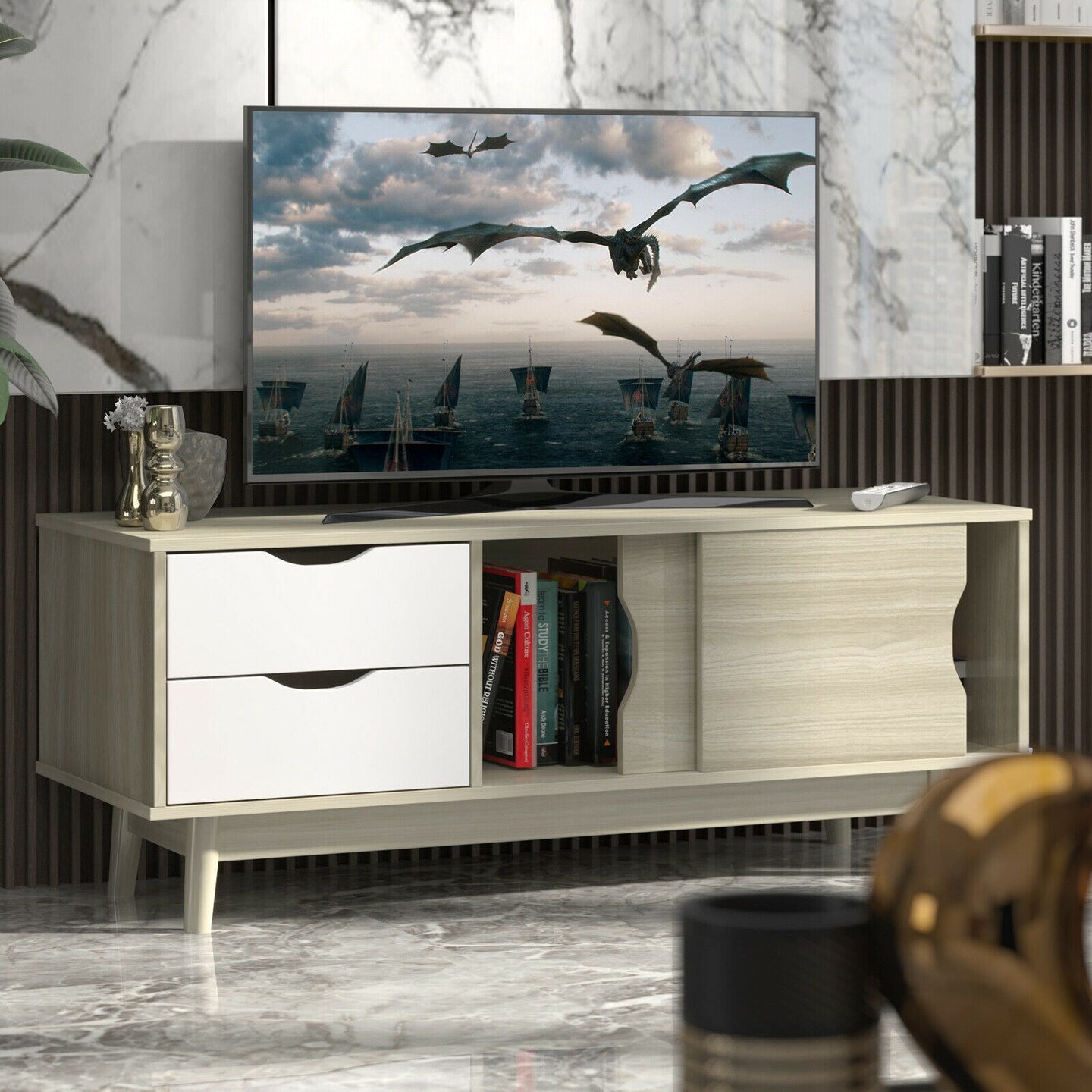 Engineered Wood TV Console Cabinet with Drawers and Sliding Doors