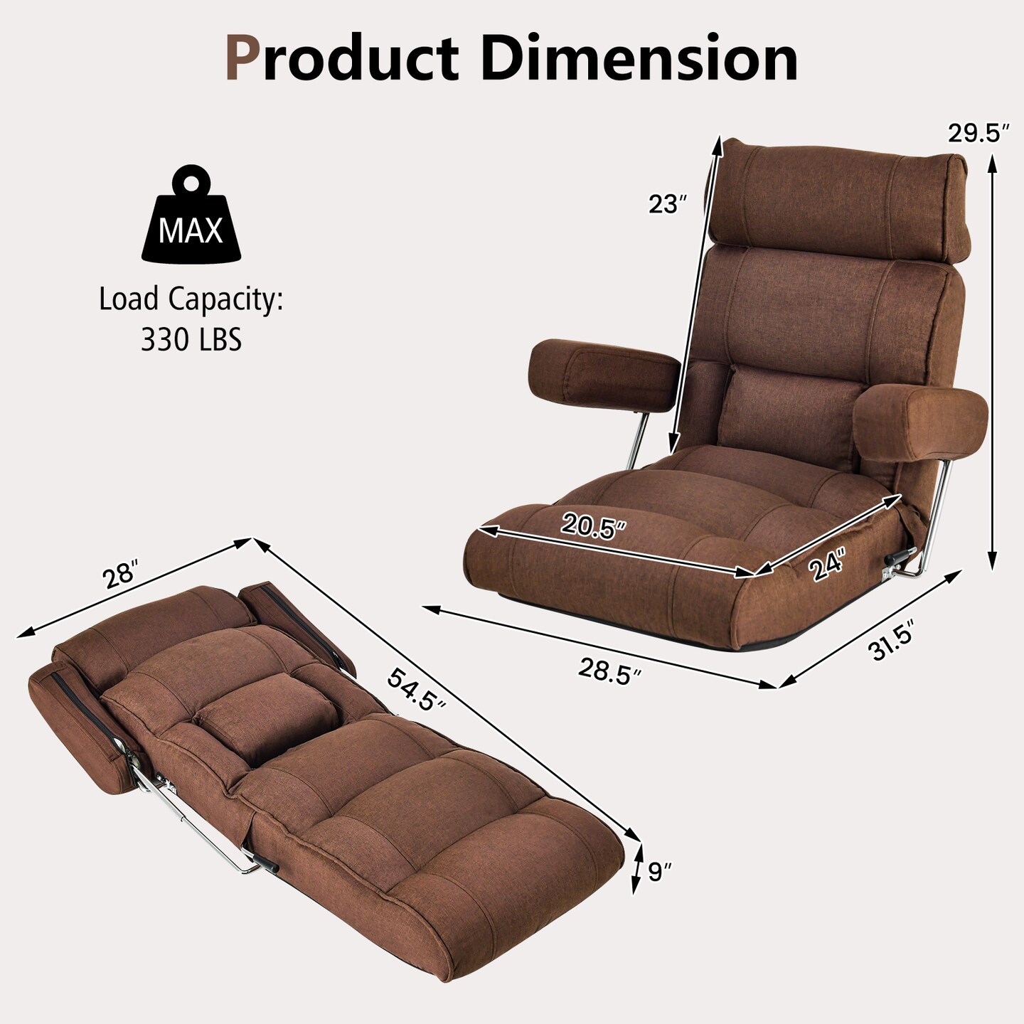 Foldable Floor Sofa Chair with 6-Position Adjustable Headrest and Metal Frame