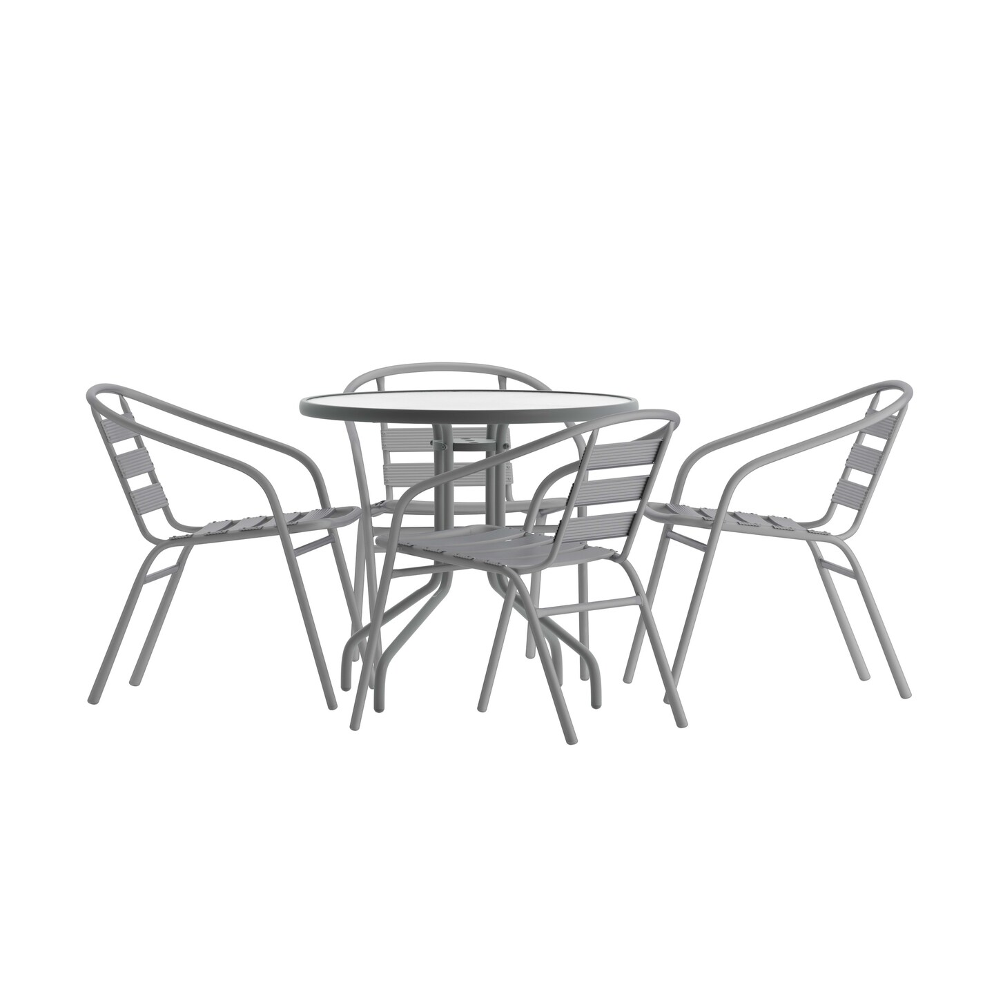 Emma and Oliver Rhea 31.5'' Round Glass Top Metal Table with 4 Aluminum Slat Stack Chairs