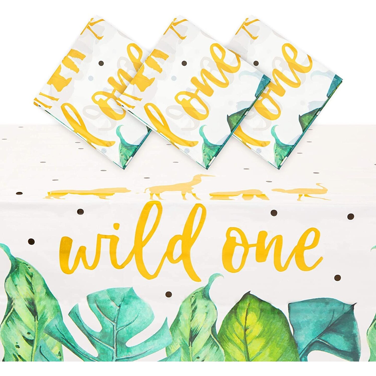 3 Pack Wild One Jungle Safari Tablecloth Plastic Table Cloth Cover Rectangular for 1st Birthday Party Supplies Decor Decorations, 54 x 108 in.