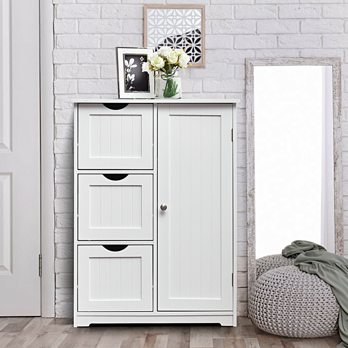 MDF Bathroom Floor Cabinet with Drawers and Adjustable Shelf