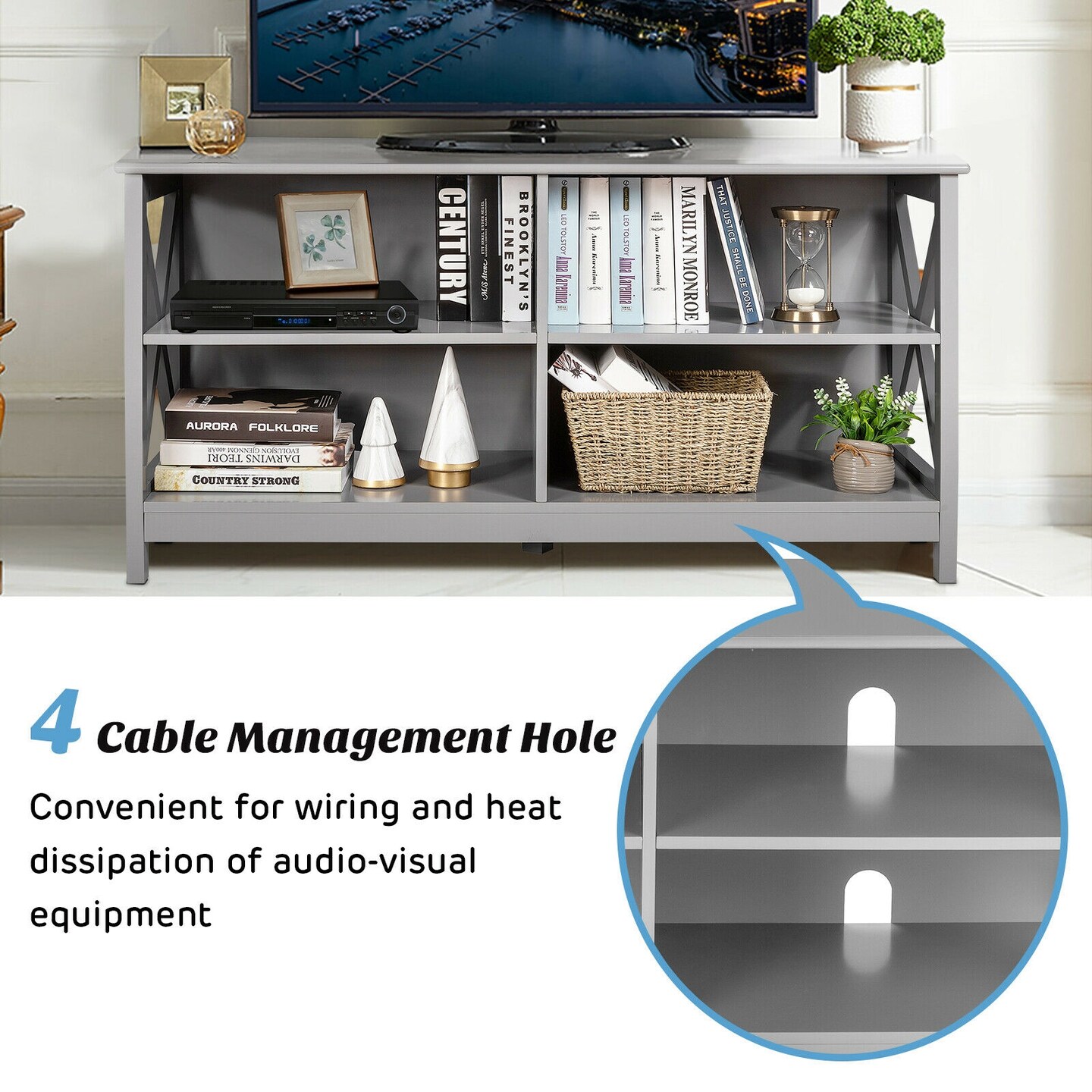 MDF TV Stand with 4 Cable Management Holes and Sturdy X-Shaped Support