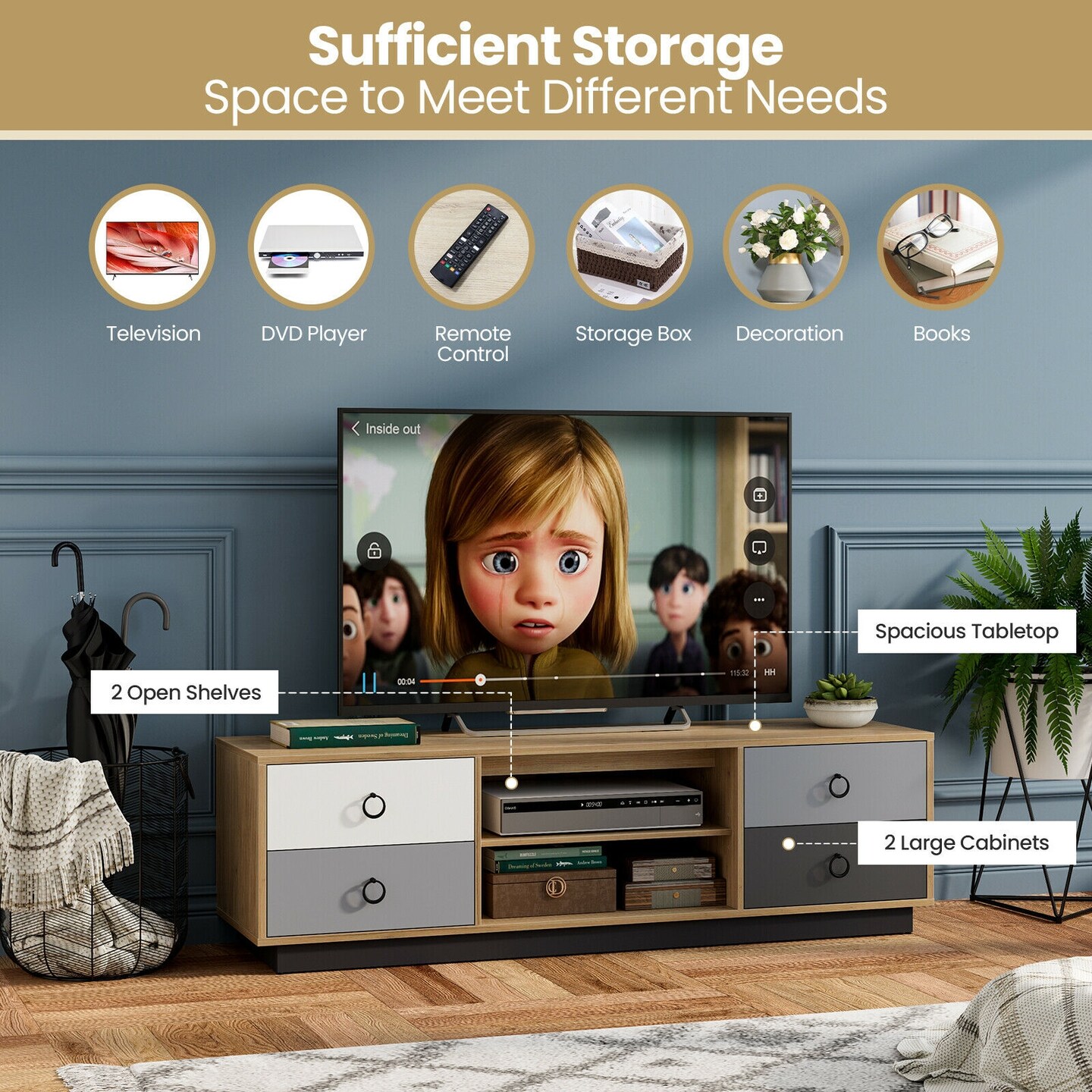 55 Inch TV Stand Entertainment Media Center with Storage Cabinets and Adjustable Shelves