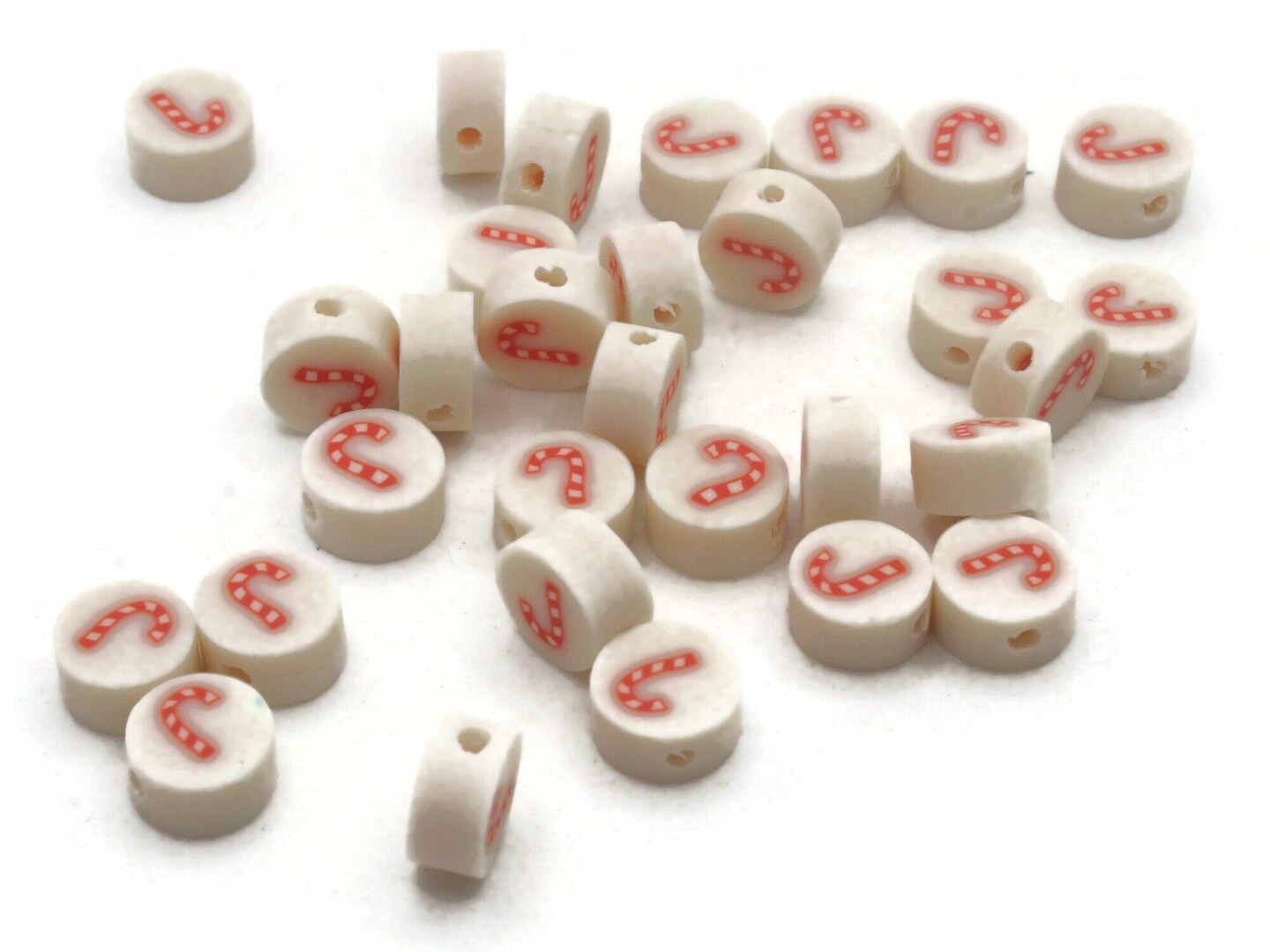 30 Candy Cane Polymer Clay White and Red Christmas Beads bD2