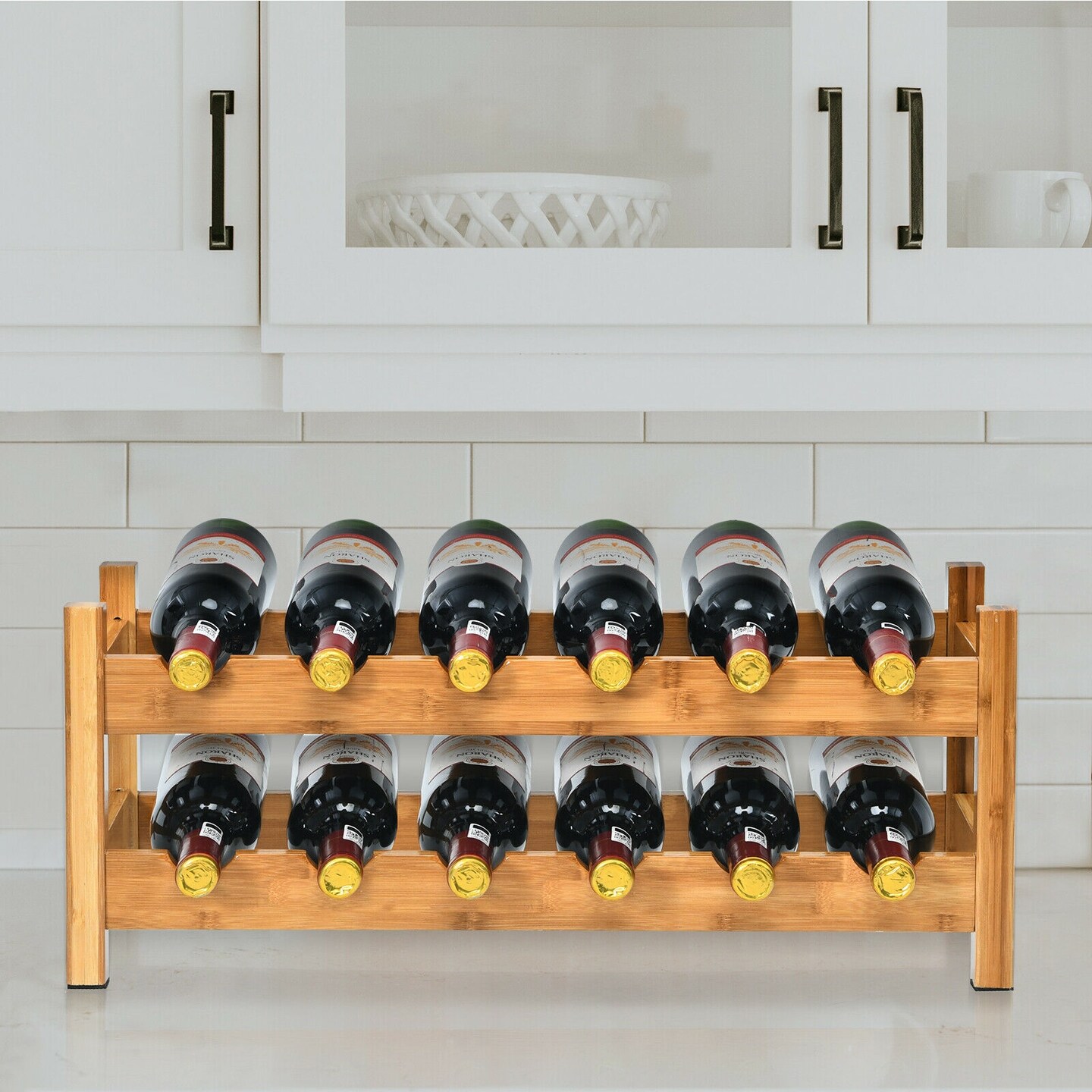 2-Tier 12 Bottles Bamboo Storage Shelf Wine Rack