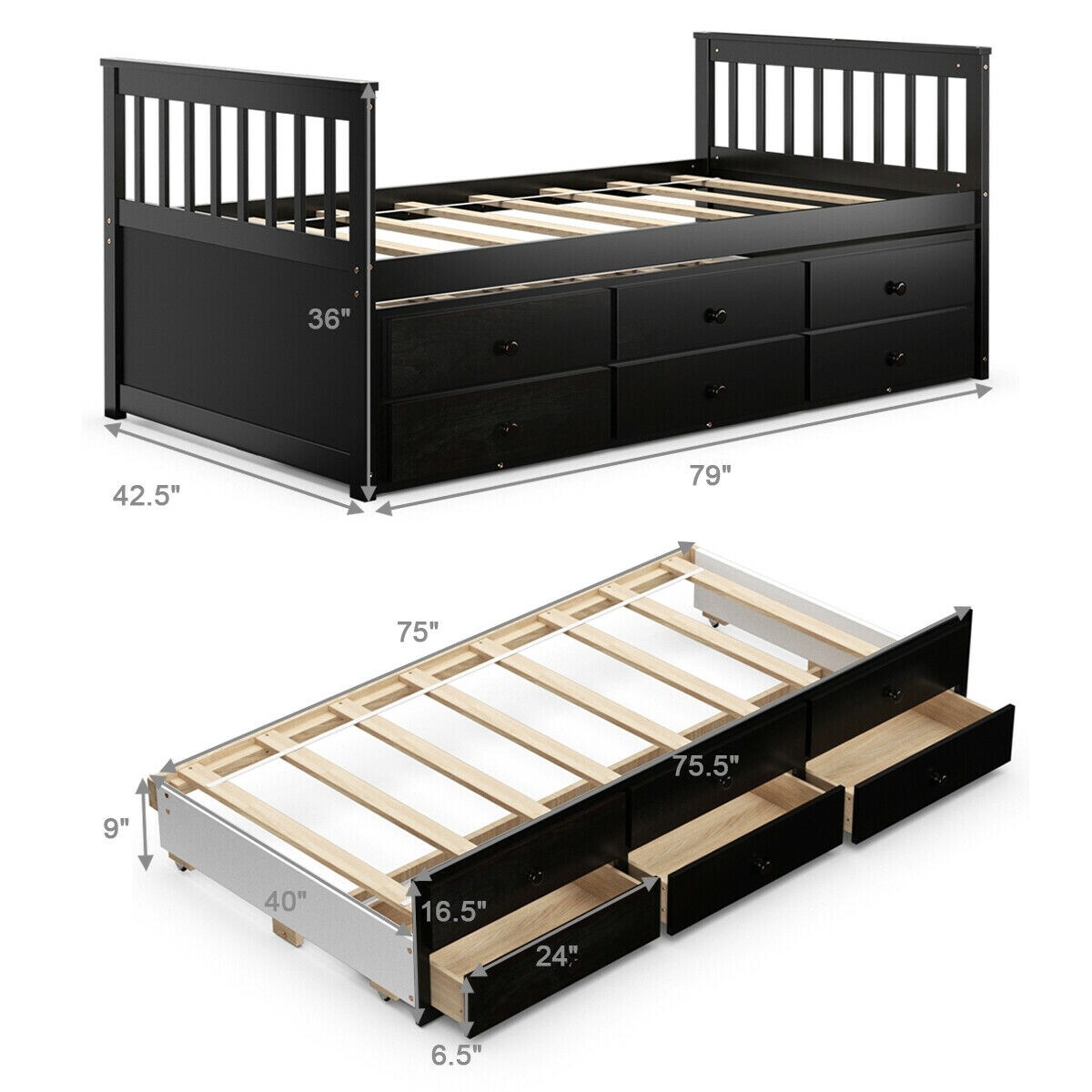 Twin Captain&#x27;s Bed with Trundle Bed with 3 Storage Drawers