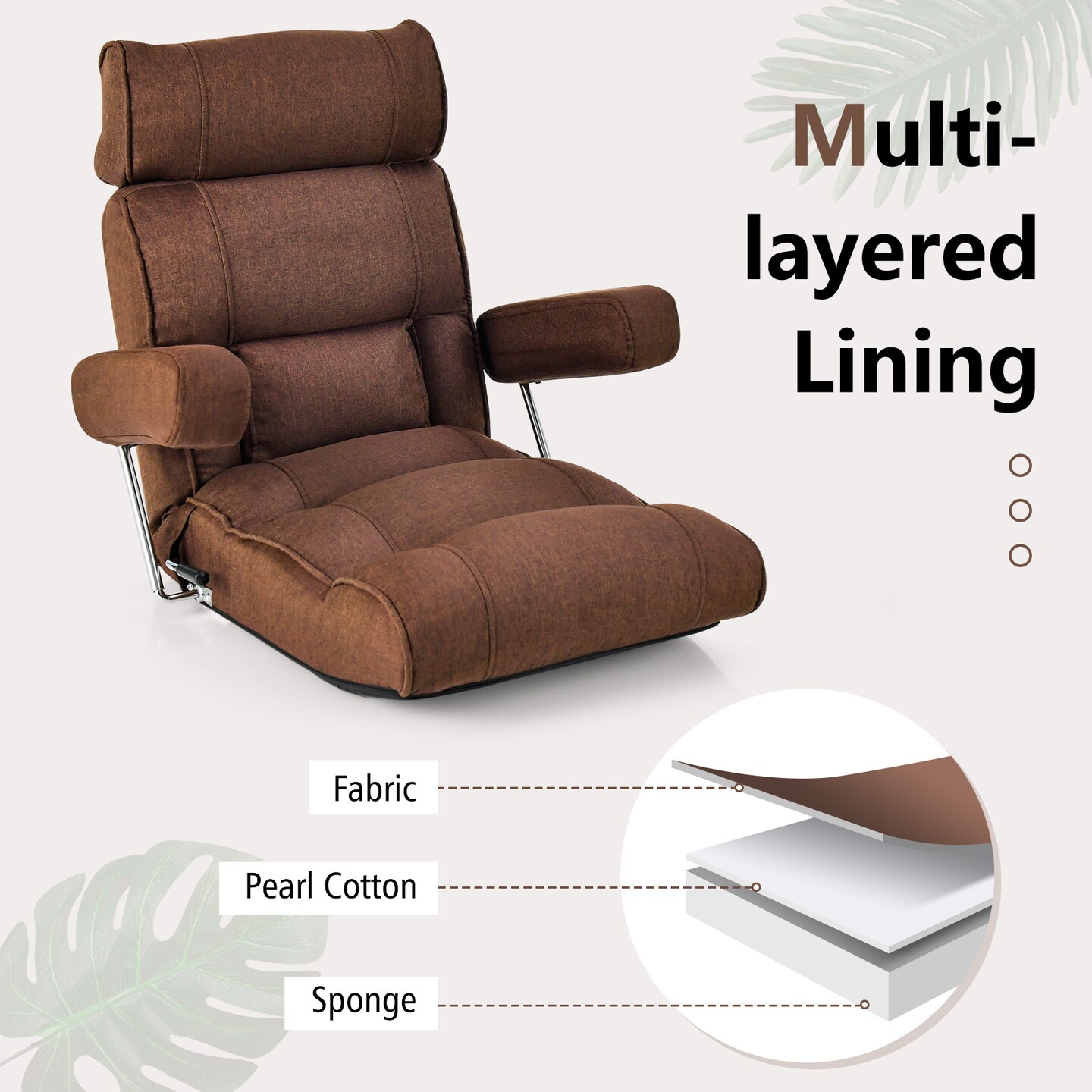 Foldable Floor Sofa Chair with 6-Position Adjustable Headrest and Metal Frame