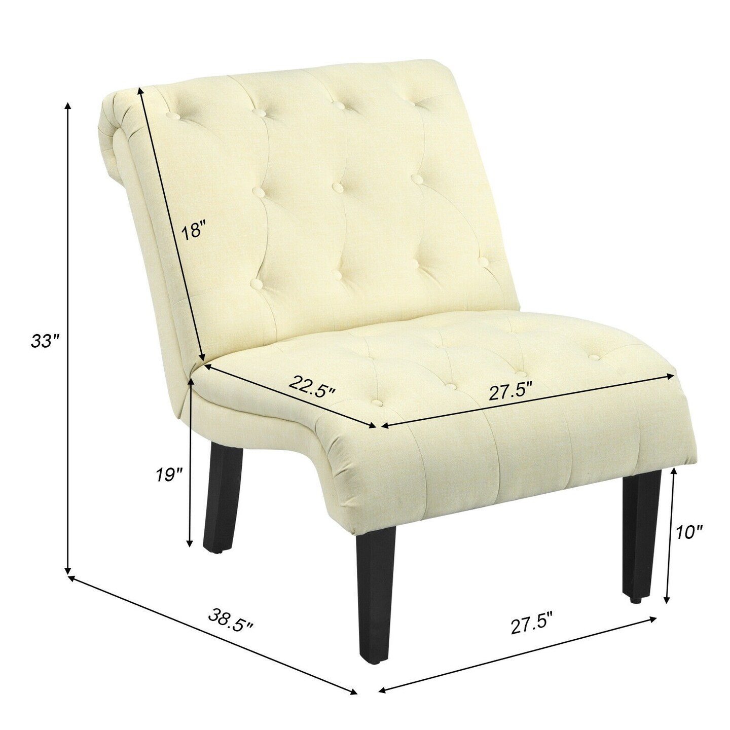 Cotton Linen Fabric Armless Accent Chair with Ergonomic Backrest and Curved Seat