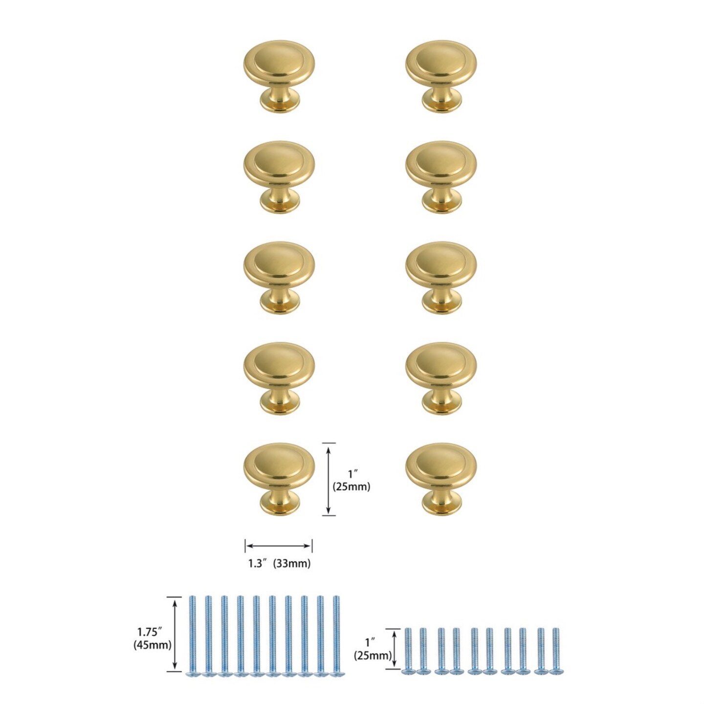 Logyn 1.3" Diameter Brushed Gold Mushroom Knob Multipack (Set of 10)