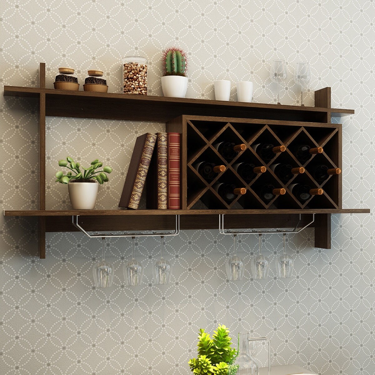 Wall Mounted Wine Rack Walnut MDF Stainless Steel 10 Bottle Storage With Glass Holder Space Saving Kitchen Bar Wine Organizer Shelf