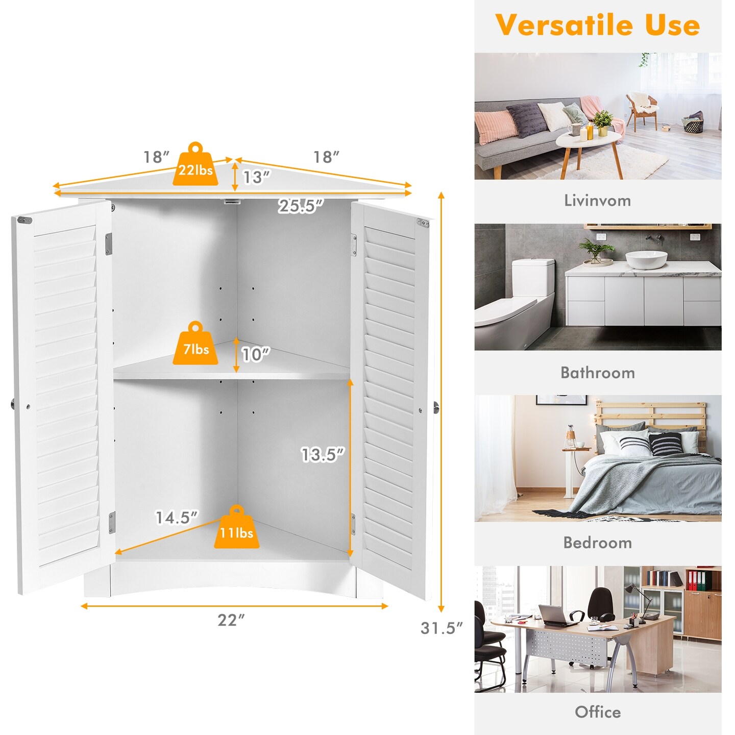 Bathroom Corner Storage Freestanding Floor Cabinet with Shutter Door