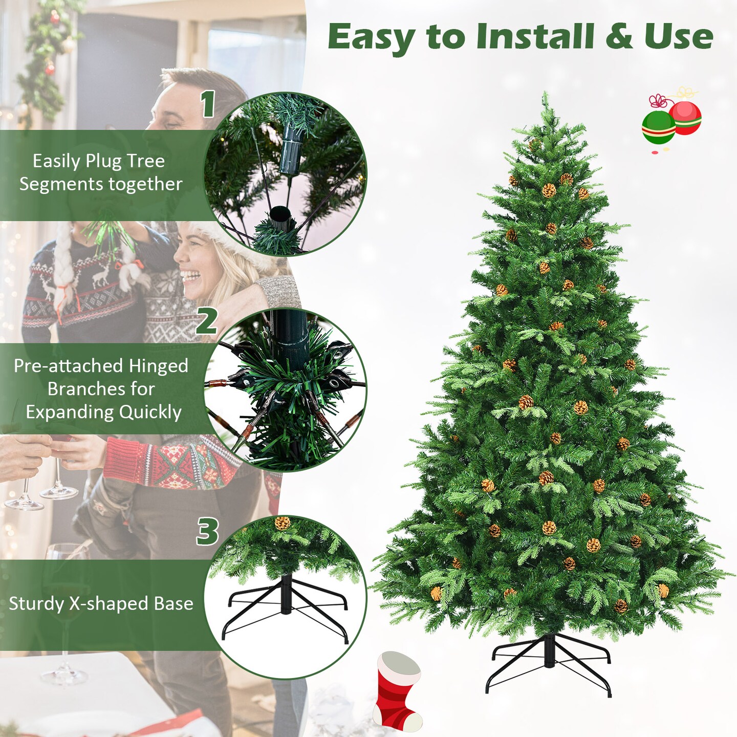 Flocked Artificial Christmas Tree with LED Lights and Pine Cones
