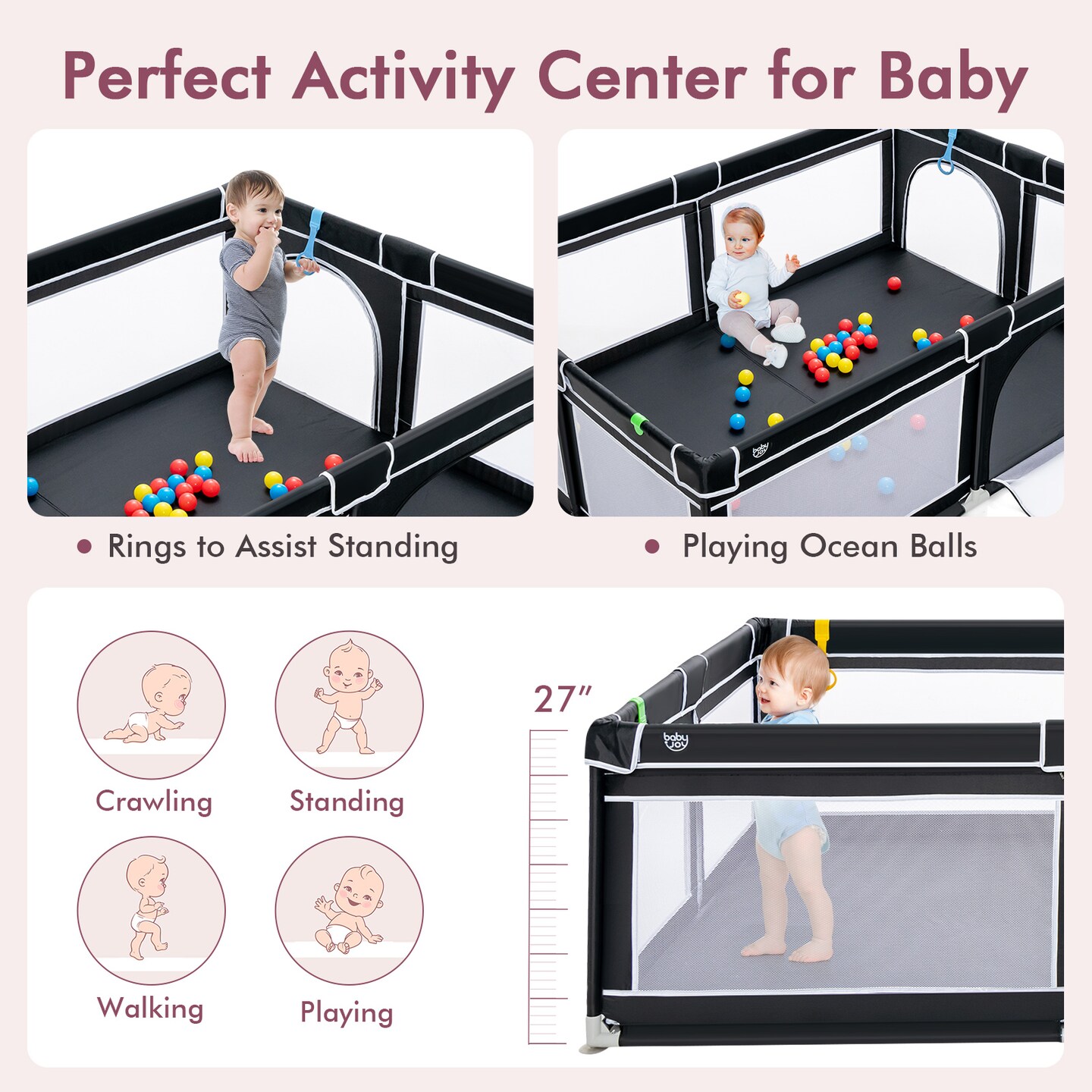 Portable Extra-Large Safety Baby Fence with Ocean Balls and Rings