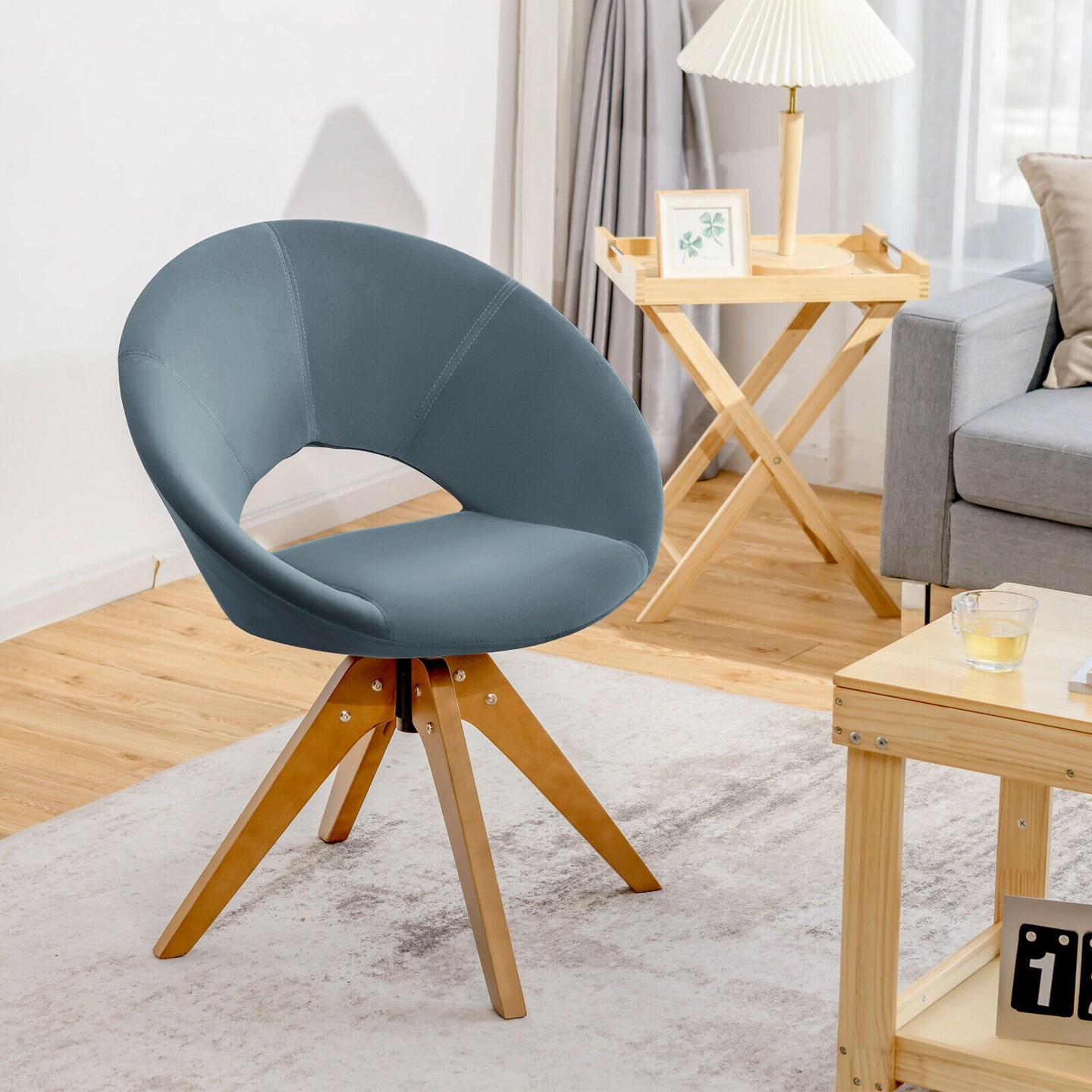360 Degree Swivel Modern Velvet Upholstered Armchair with 4 Beech Wooden Legs