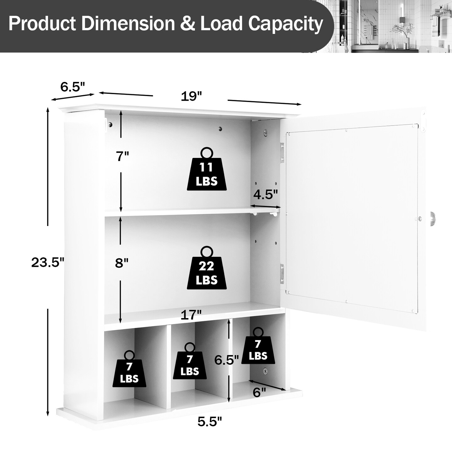 Wall Mounted Bathroom Cabinet with Mirrored Magnetic Door Holder