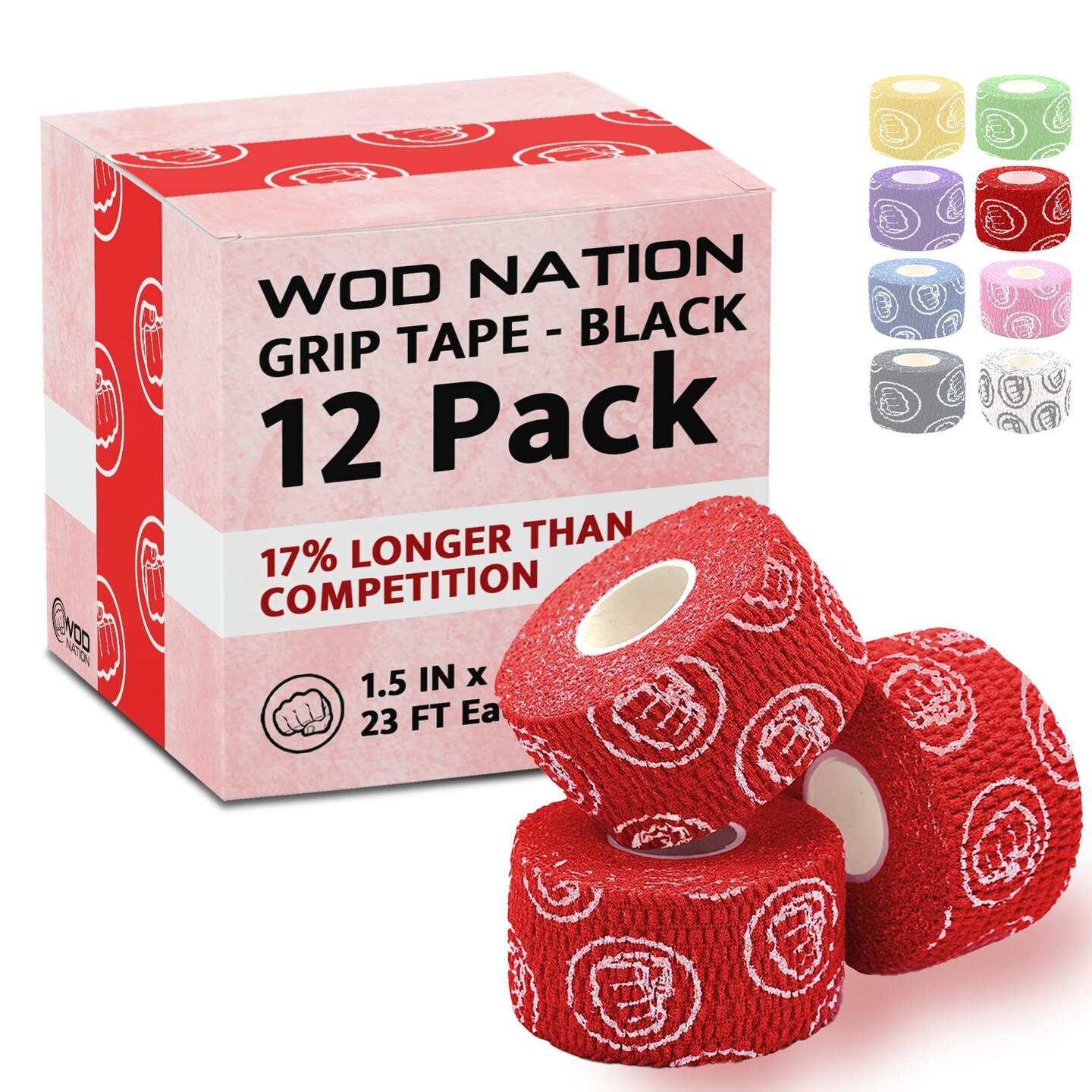 WOD Nation Weightlifting Hook Grip Tape - Bulk 12 Pack (23ft/Roll) Comfortable &#x26; Stretchy Athletic Thumb Tape for Weight Lifting, Excercise &#x26; Cross Training - Protect Thumb, Wrist &#x26; Finger -Red