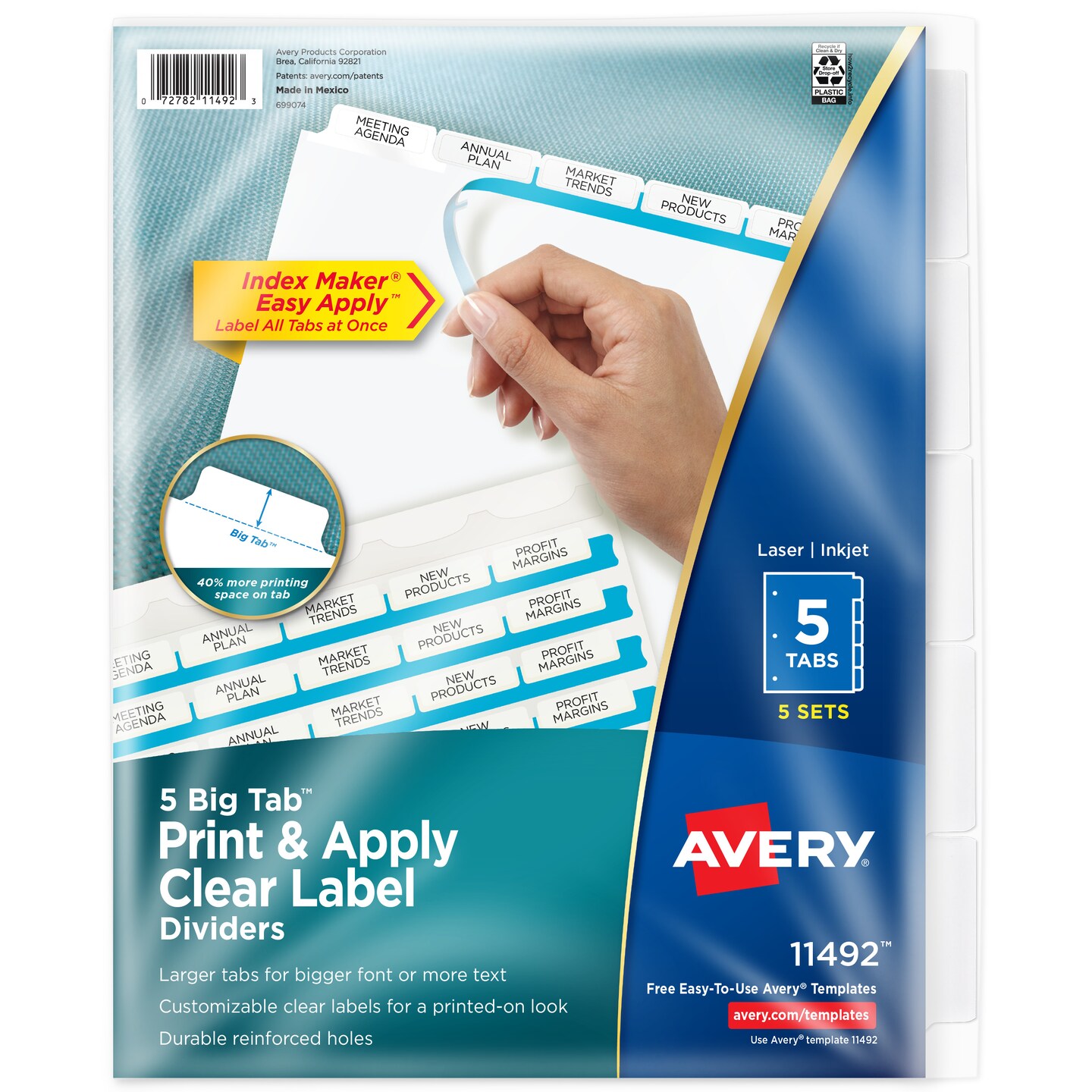 Avery 5 Big Tab Dividers for 3 Ring Binder, Easy Print &#x26; Apply Clear Label Strip, Index Maker Customizable White Tabs, 5 Sets (11492)
