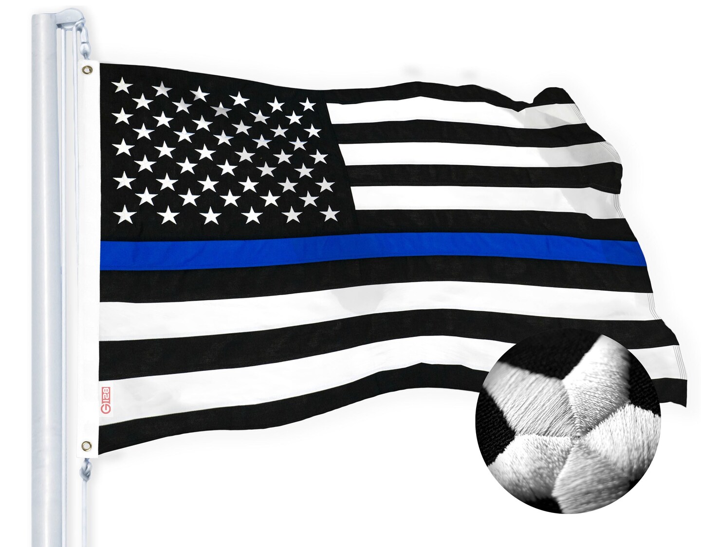 G128 Combo Pack: USA American Flag &#x26; Thin Blue Line Flag 2.5x4 Ft Embroidered Spun Polyester, Indoor/Outdoor, Brass Grommets, Police Flag