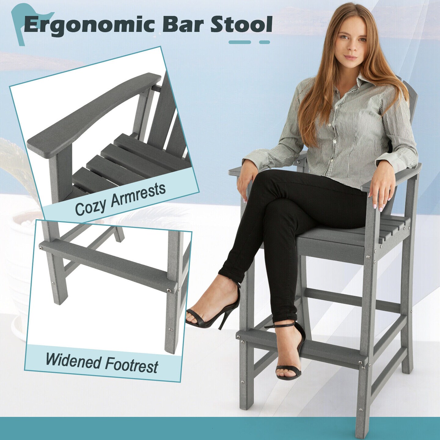 30 Inches Counter Height Outdoor Hdpe Bar Stool With Armrests And Footrest