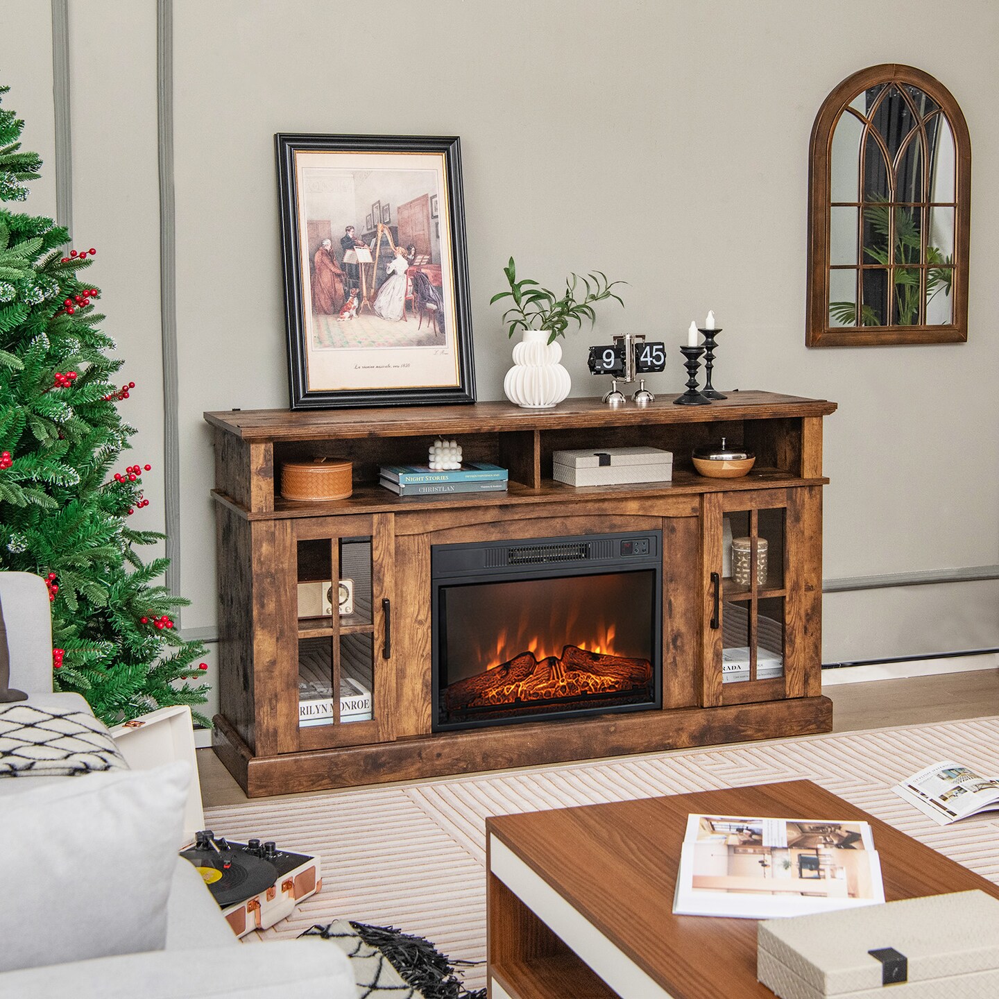 Tv Stand For Tvs Up To 65 Inch With Fireplace, Side Cabinets And Remote Control