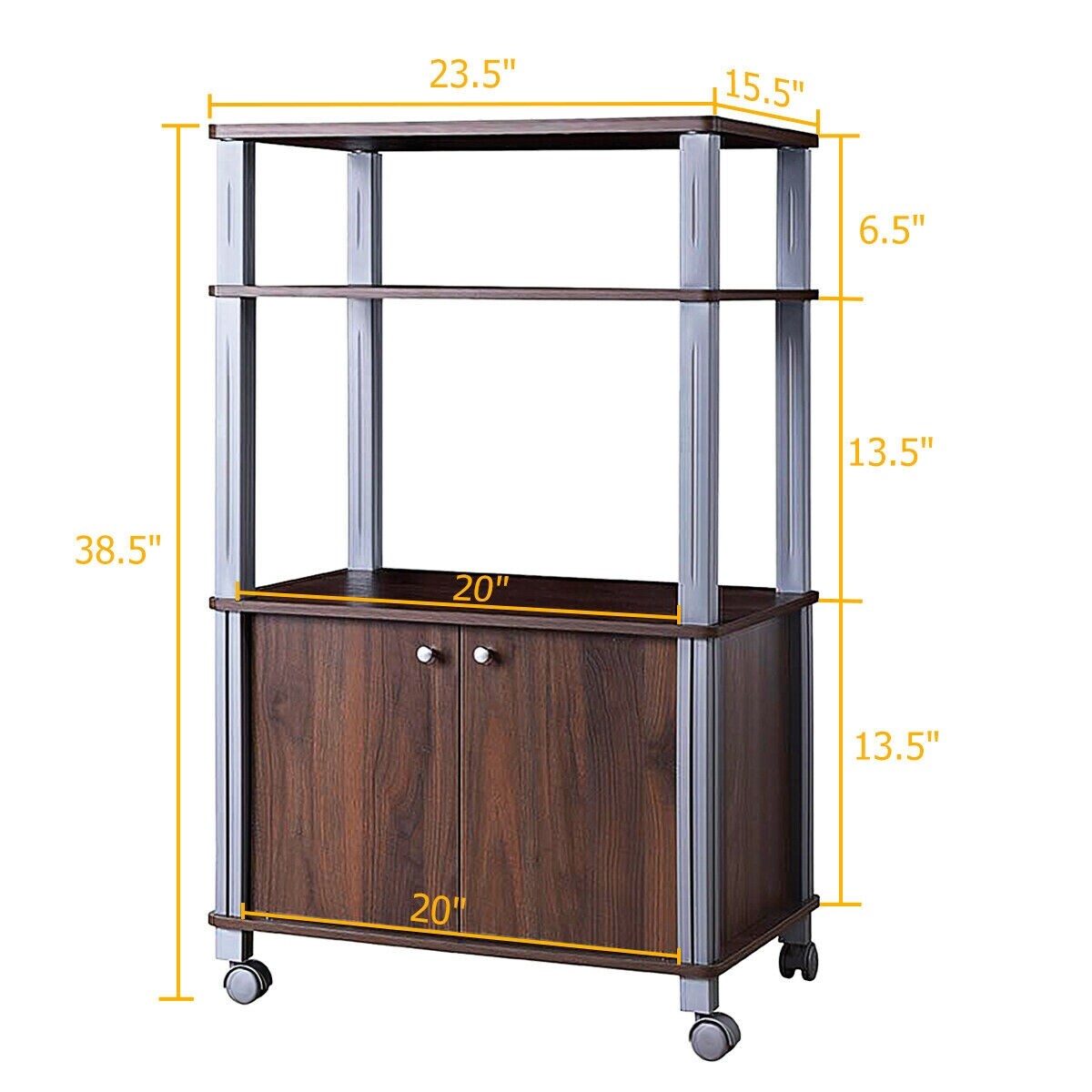 Multi-functional Kitchen Storage Cart with Lockable Wheels and 3 Shelves and Cabinet for Microwave and Dishes