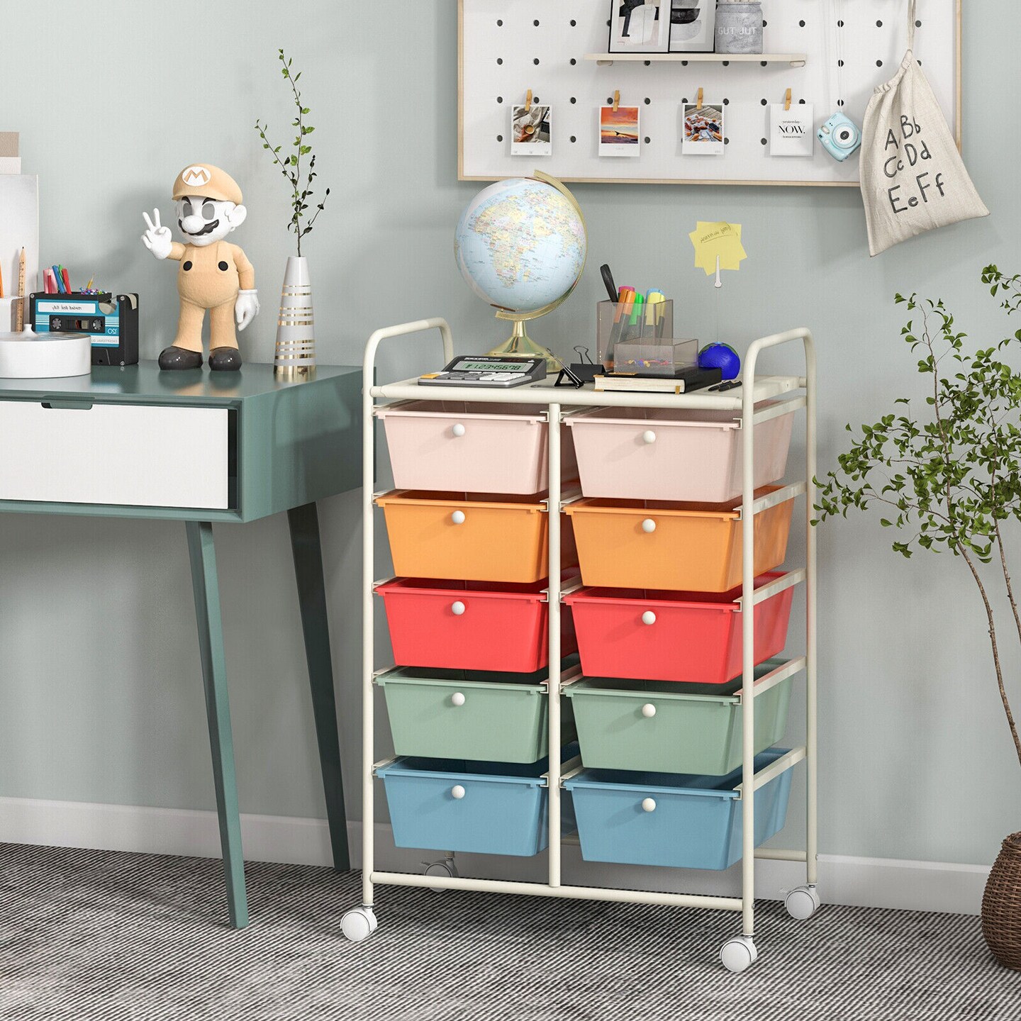 10 Drawer Rolling Storage Cart with Lockable Wheels Metal Frame Organizer for Office Classroom Craft Room Storage