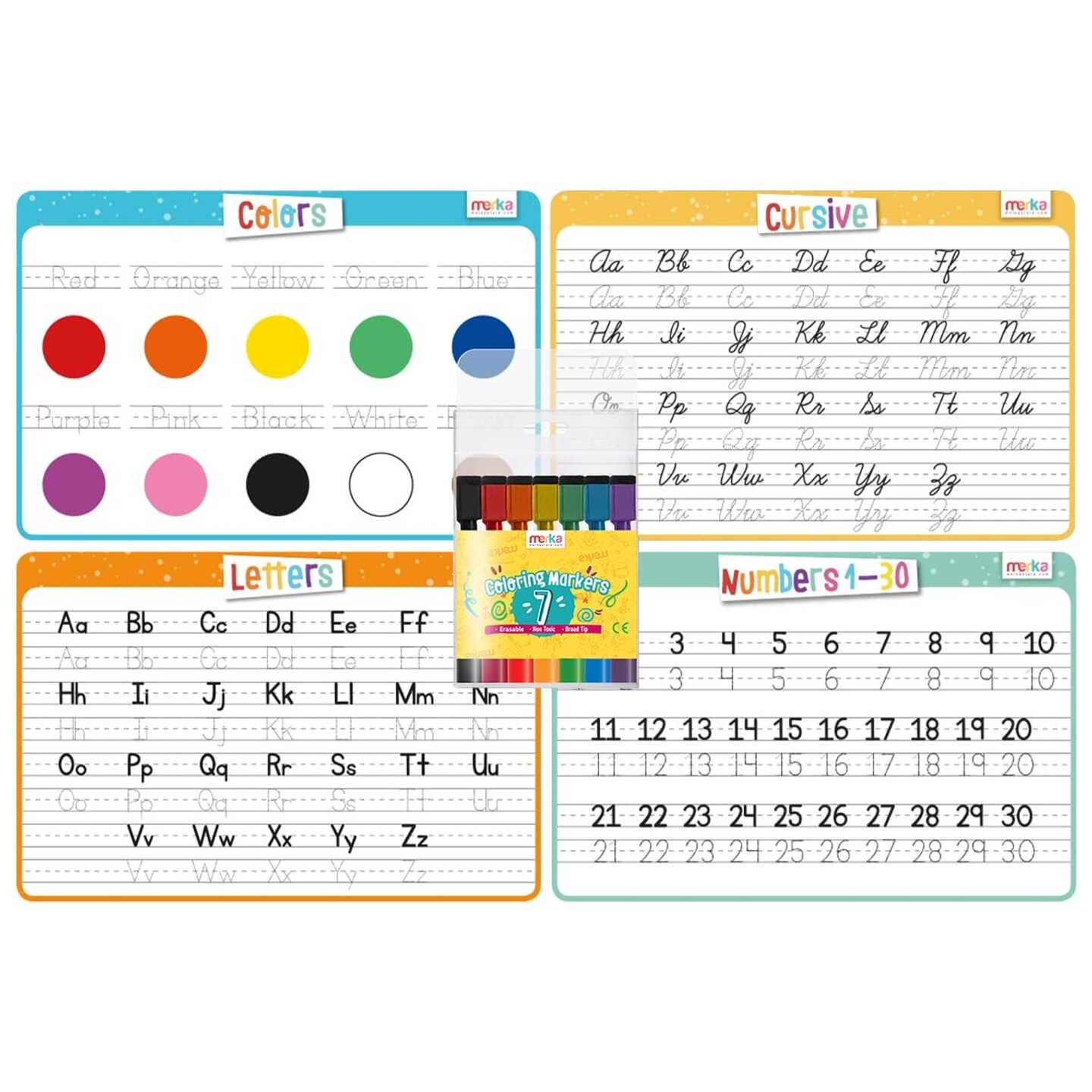 merka 4 Pack Educational Placemats for Kids with 7 Dry Erase Markers, Toddler Placemats for Dining Table, Tracing Activity Learn to Write Alphabet, Cursive, Numbers and Colors