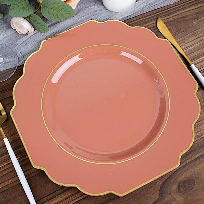 10 TERRACOTTA 12&#x22; Baroque PLASTIC DINNER PLATES with Gold Rim