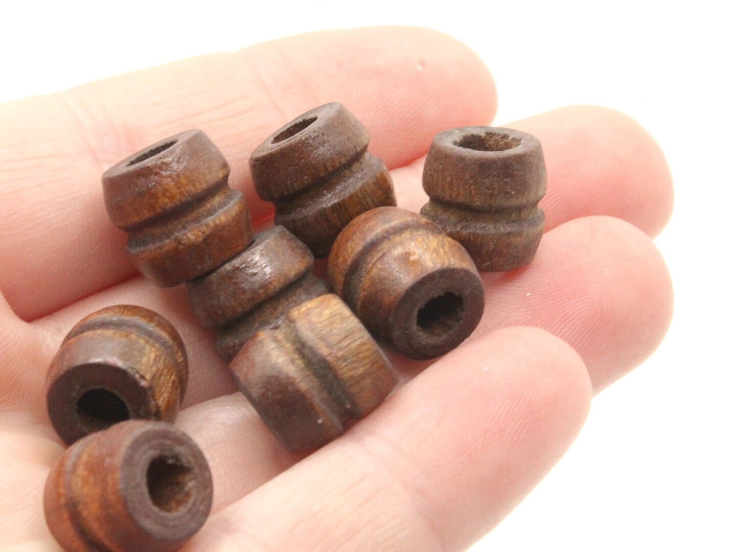 16 11mm Medium Brown Fluted Barrel Large Hole Wood Macrame Beads