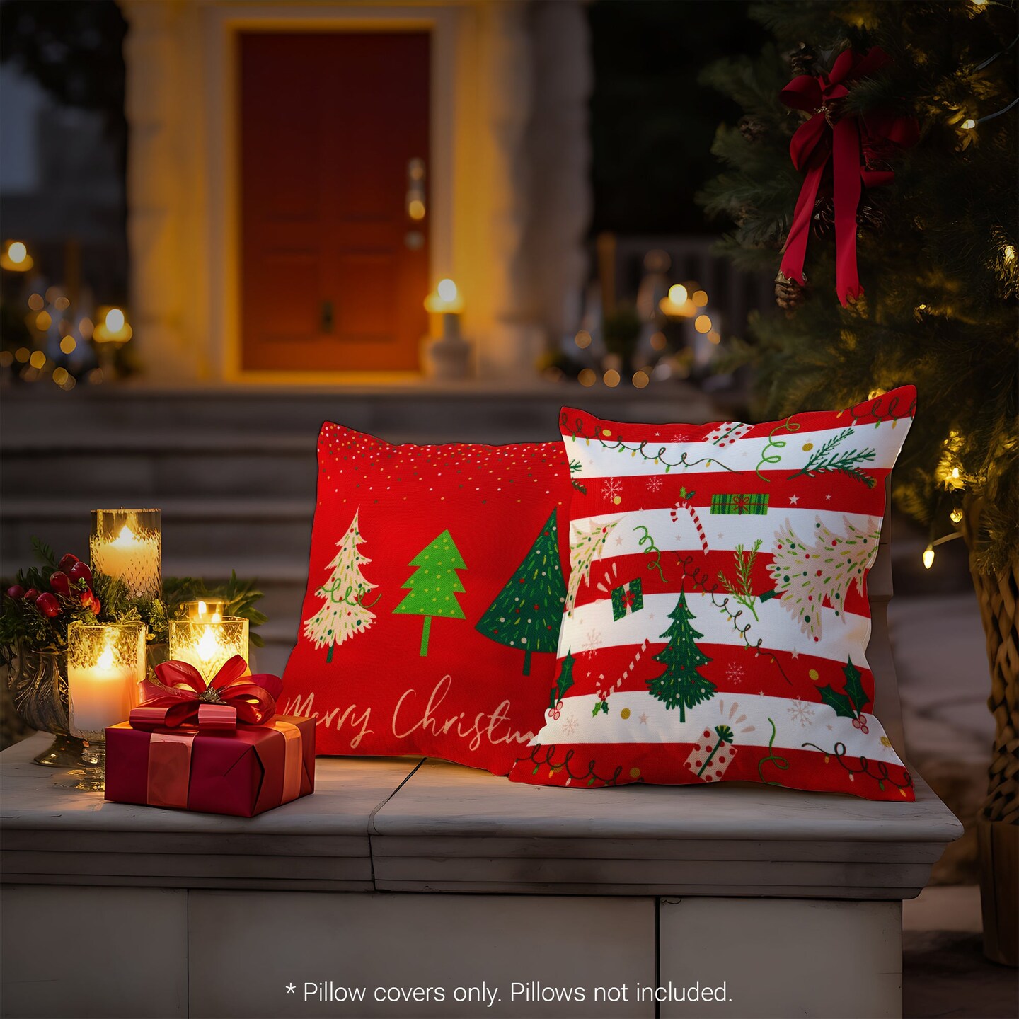 G128 Christmas Decoration Elegant Pine Spruce Waterproof Throw Pillow Covers | 18 x 18 in | Set of 4, Beautiful Cushion Covers for Christmas Sofa Couch Decoration