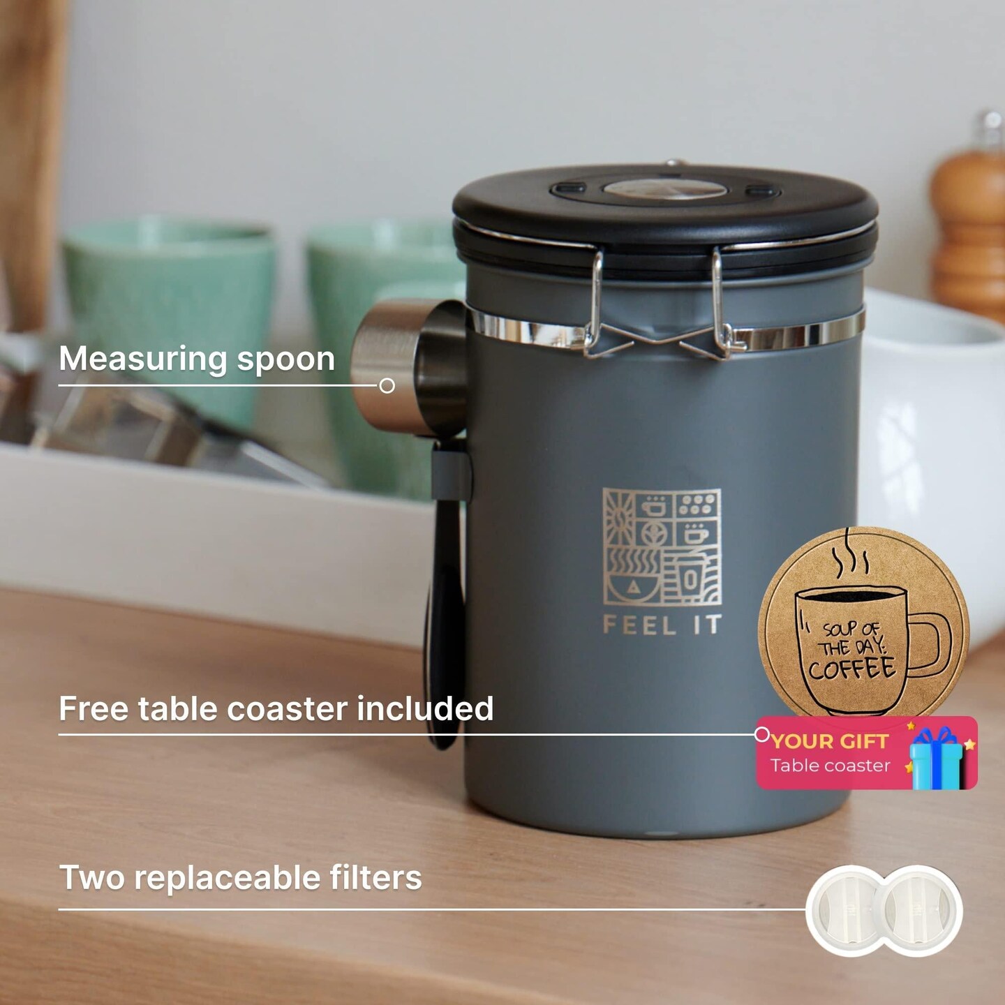 Alpaca Stainless Steel Coffee Canister   21oz Airtight Kitchen Food Storage Container with Date Tracker CO2 Release Valve and Measuring Scoop For Ground Coffee Beans Tea Sugar Large (Gray)