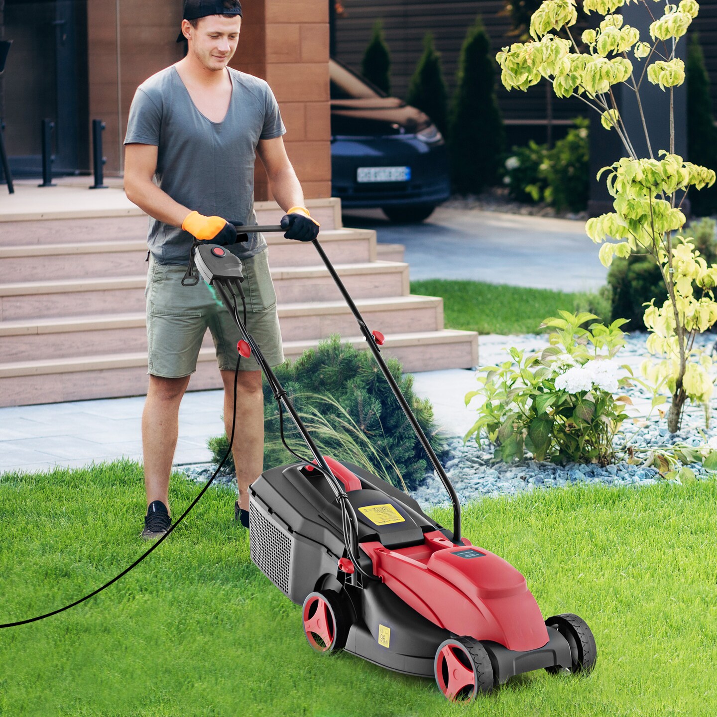 10-AMP 13.5 Inch Adjustable Electric Corded Lawn Mower with Collection Box - 45" x 16" x 35"