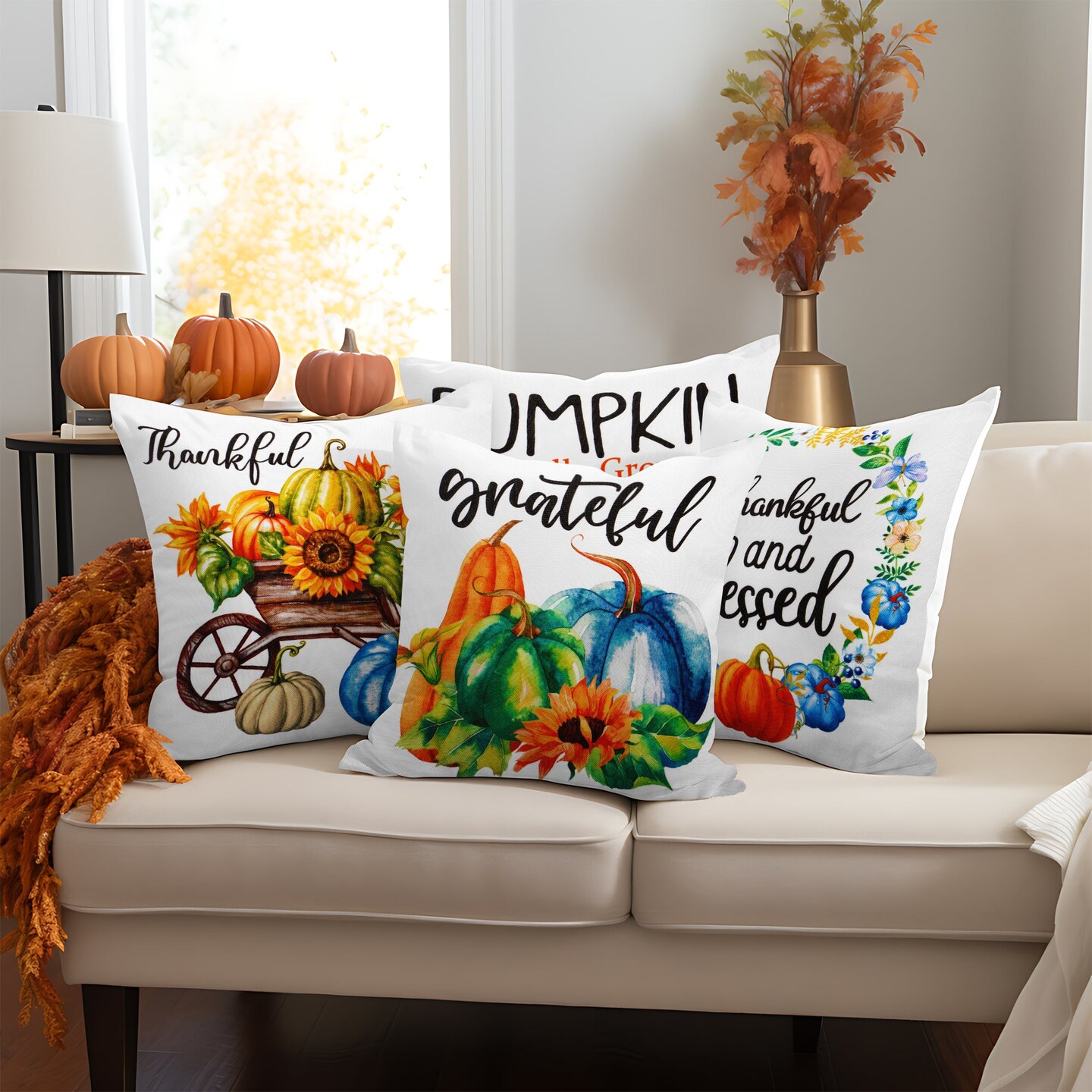 G128 Fall Decoration Pumpkin Thankful Waterproof Throw Pillow | 18 x 18 in | Set of 4, Beautiful Cushion Covers for Autumn Thanksgiving Sofa Couch Decoration, Pillow Insert Included