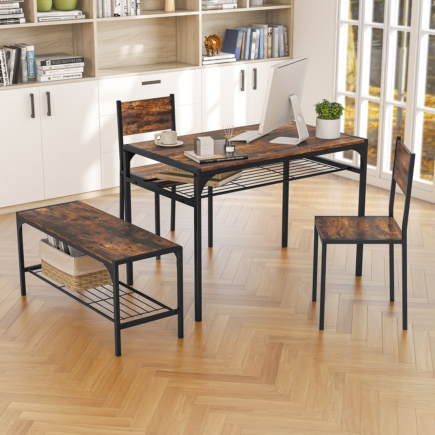 Wood Industrial Rectangular Dining Table with Bench and Metal Chairs