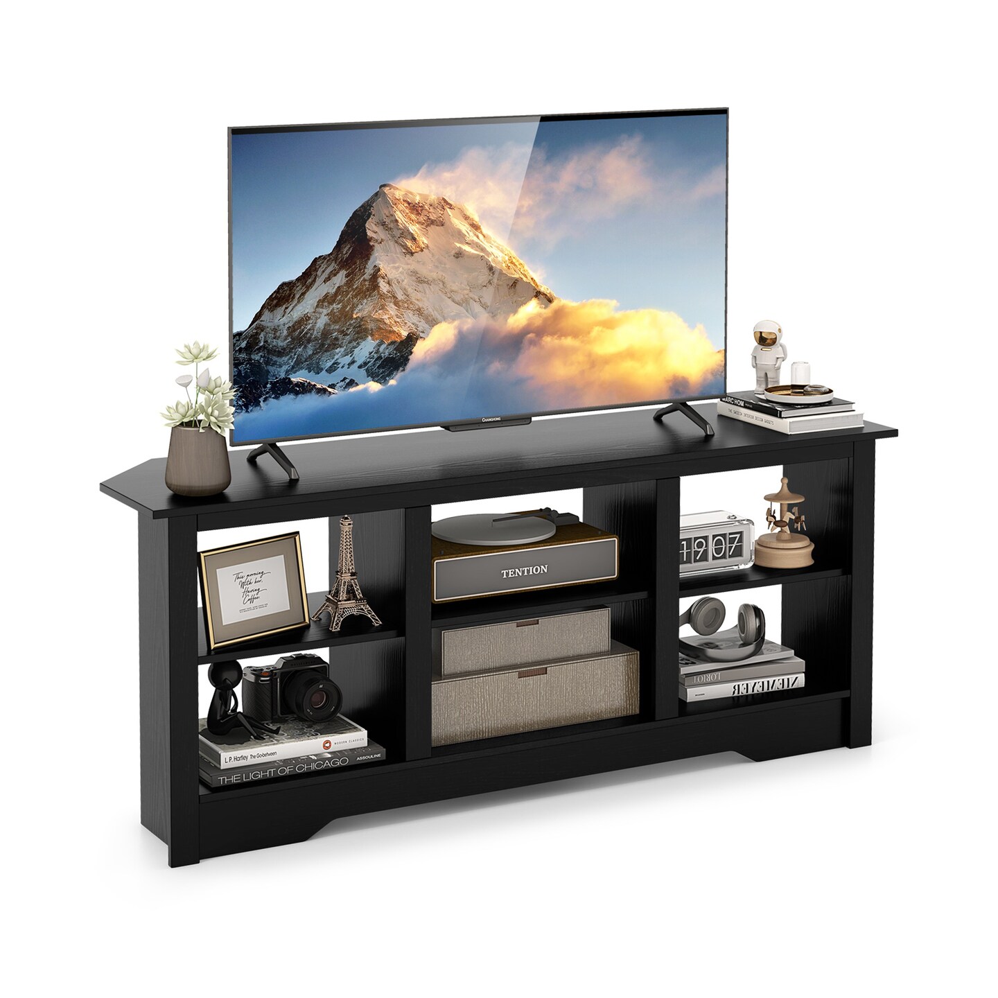 58 Inch Tv Stand With 6 Open Storage Shelves For Tvs Up To 65 Inches-black