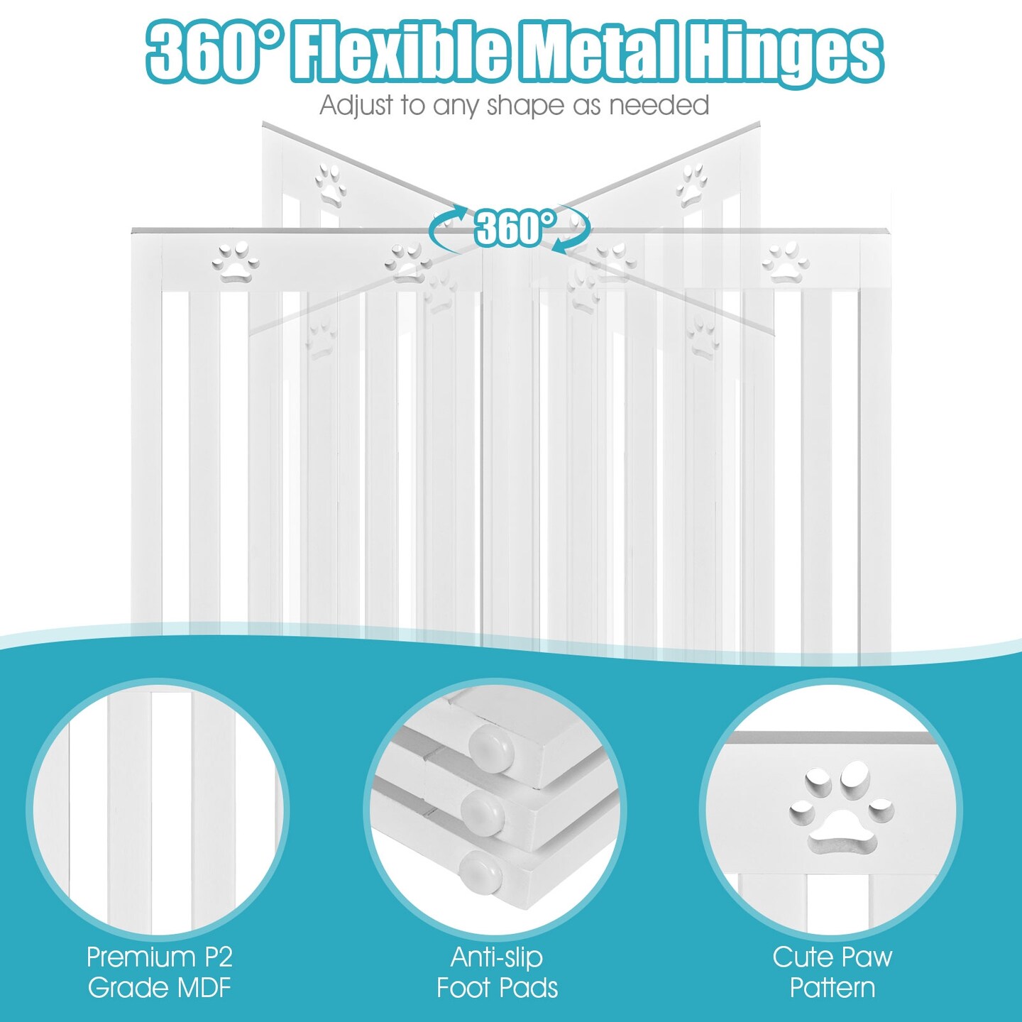 36 Inch Folding Wooden Freestanding Pet Gate Dog Gate with 360&#xC2;&#xB0; Flexible Hinge-White