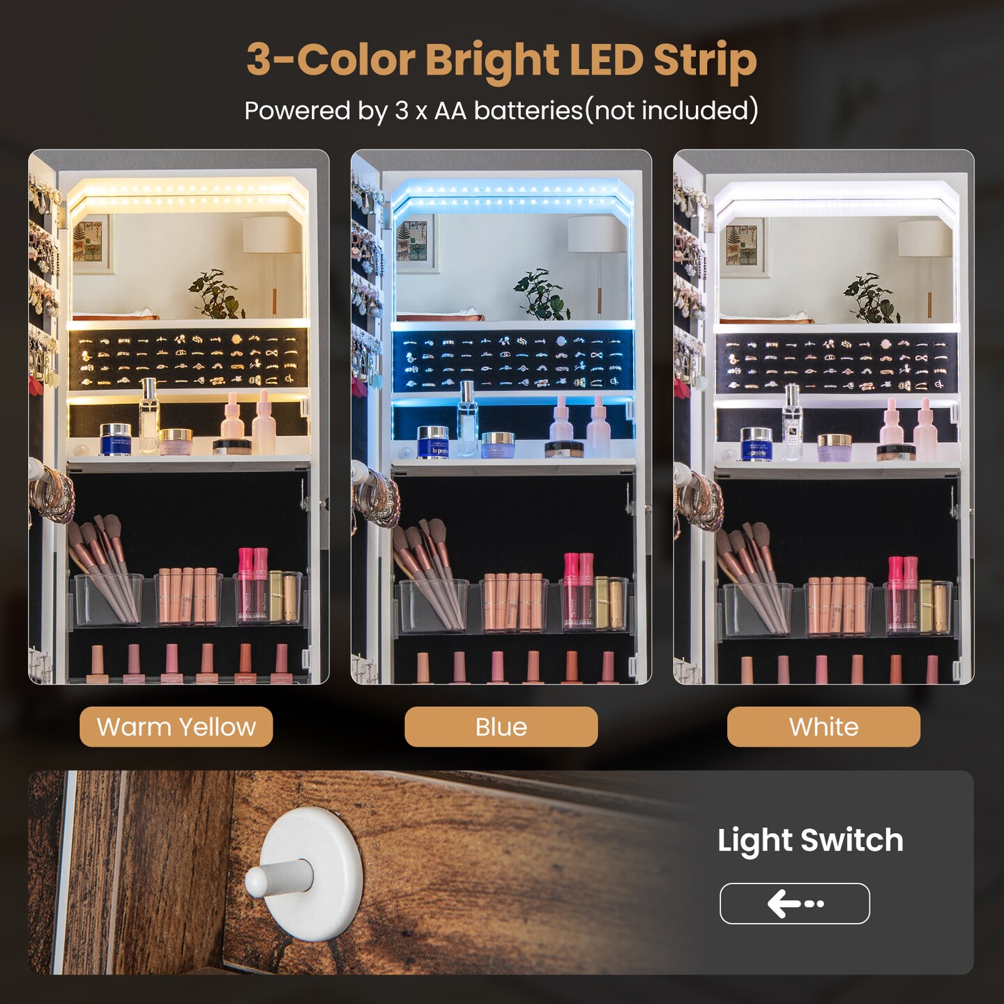 Lockable Freestanding Jewelry Organizer With Full-length Frameless Mirror